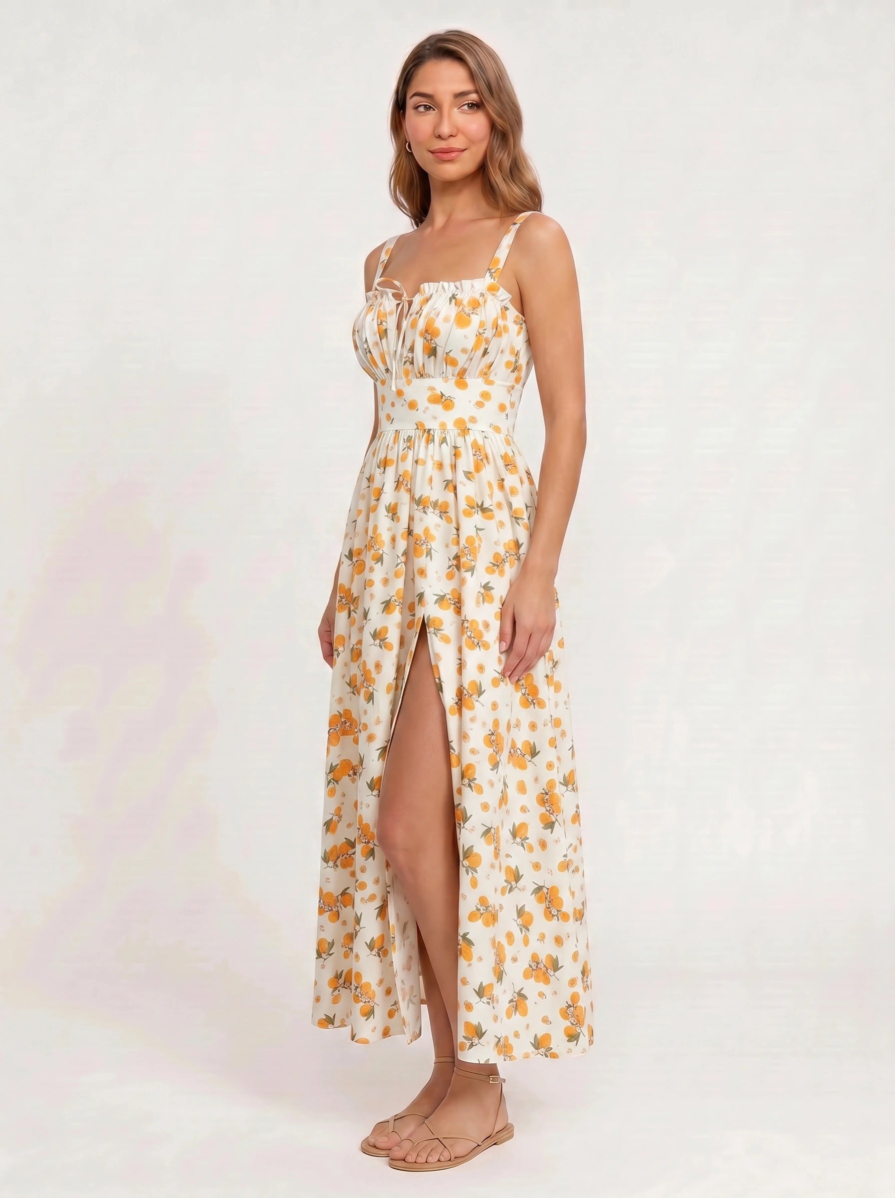Citraluna Gathered Bust Slit Midi Dress – Fruit Print Floral Midi Dress Women Wedding Guest Sundress