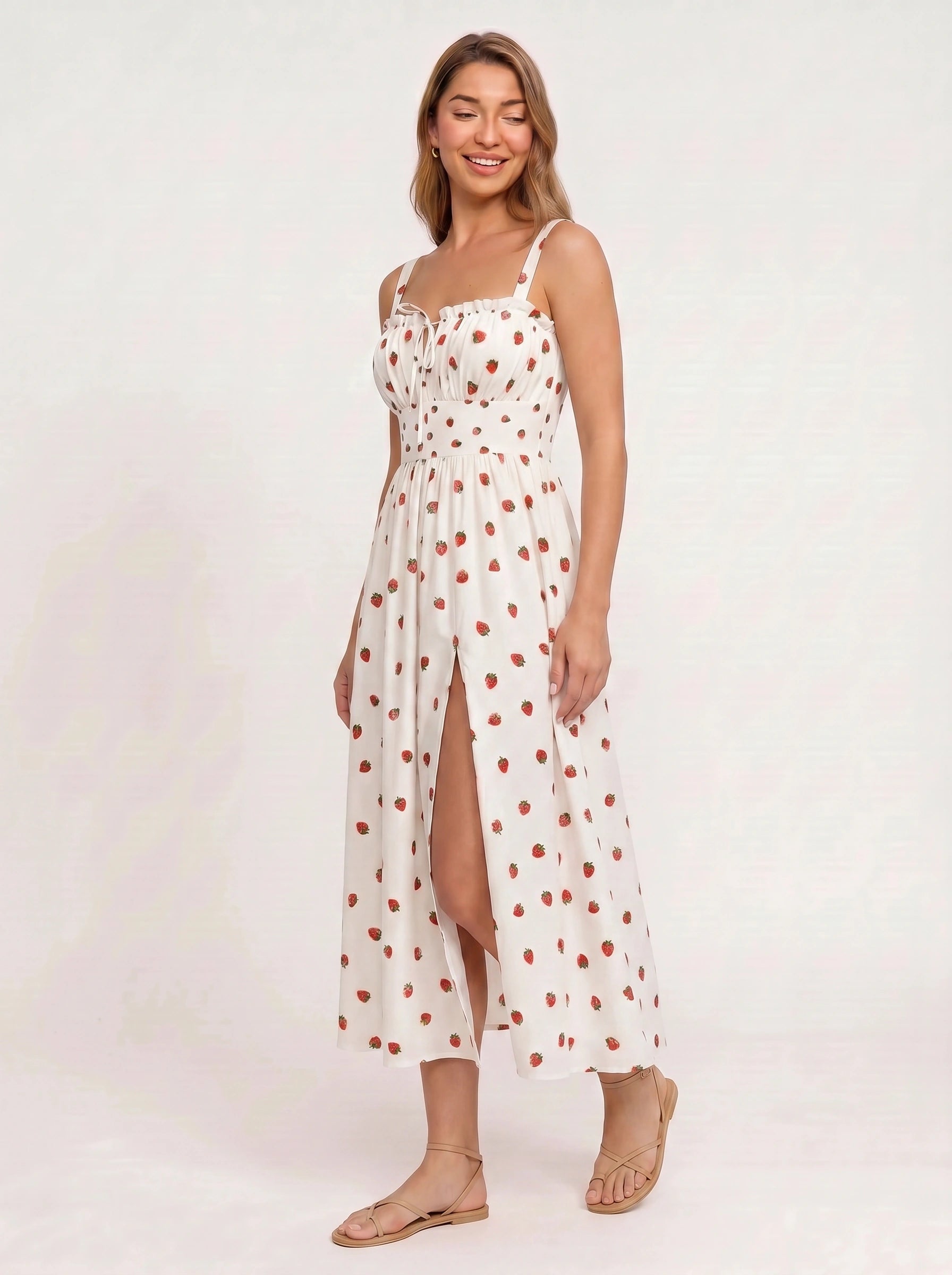 Citraluna Gathered Bust Slit Midi Dress – Fruit Print Floral Midi Dress Women Wedding Guest Sundress