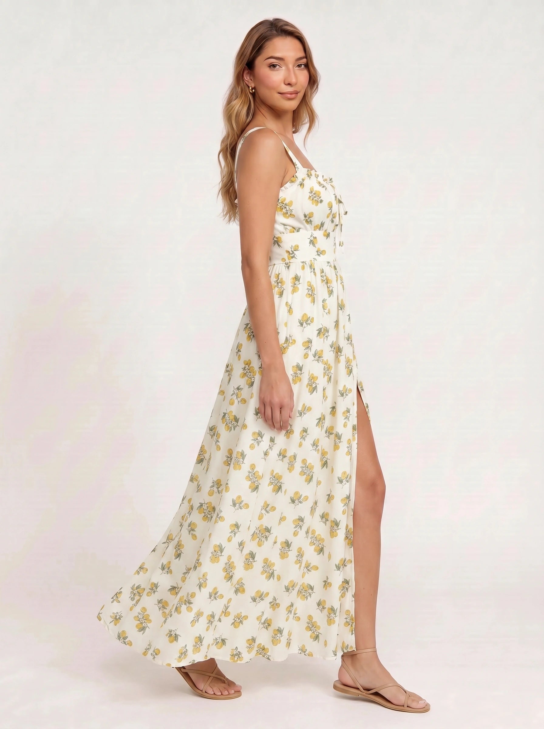 Citraluna Gathered Bust Slit Midi Dress – Fruit Print Floral Midi Dress Women Wedding Guest Sundress