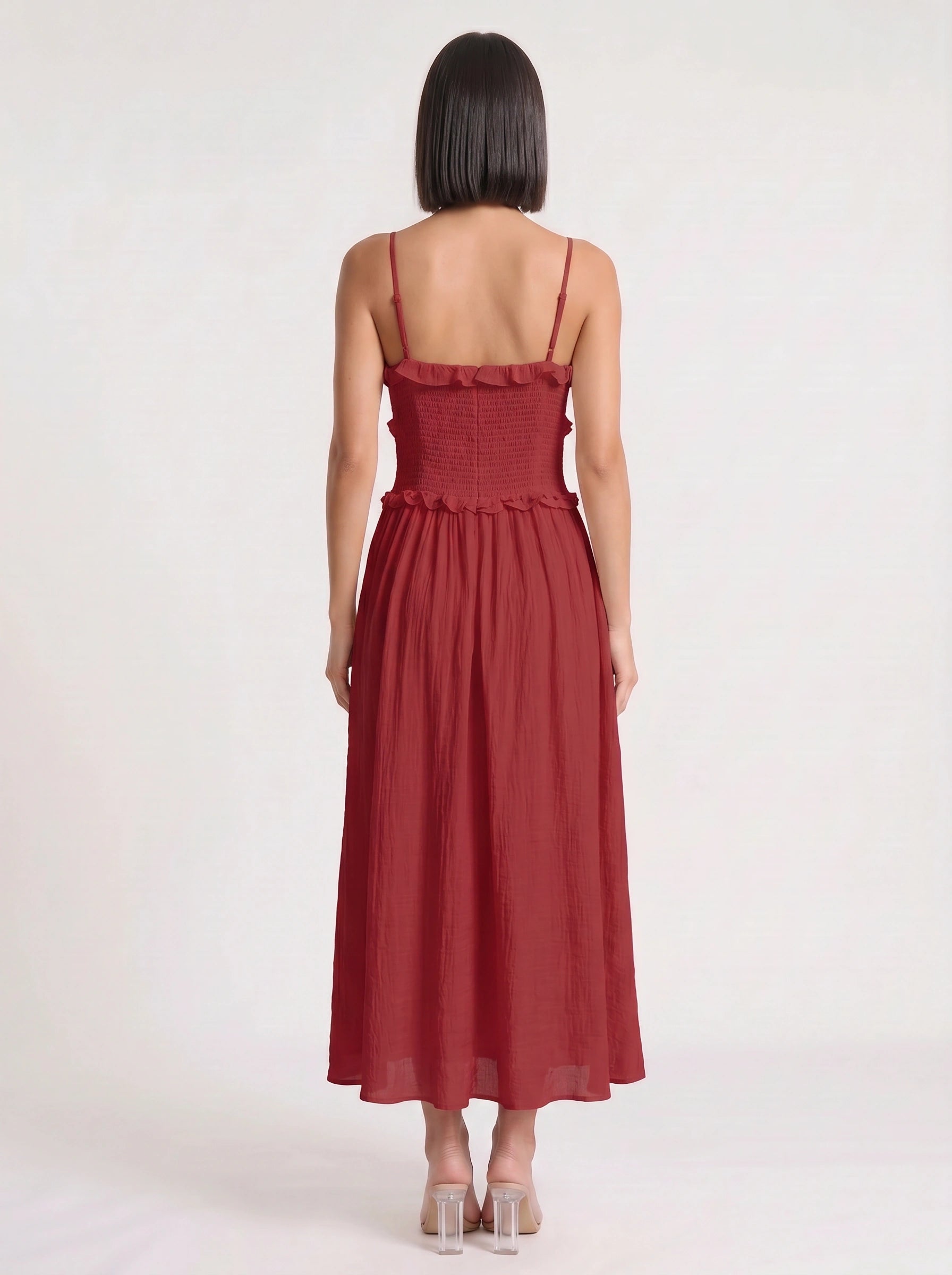 Frillina Ruffled Smocked Midi Dress – Romantic Sweetheart Neck Women Formal Wedding Guest Bridal Shower Feminine Midi Dress
