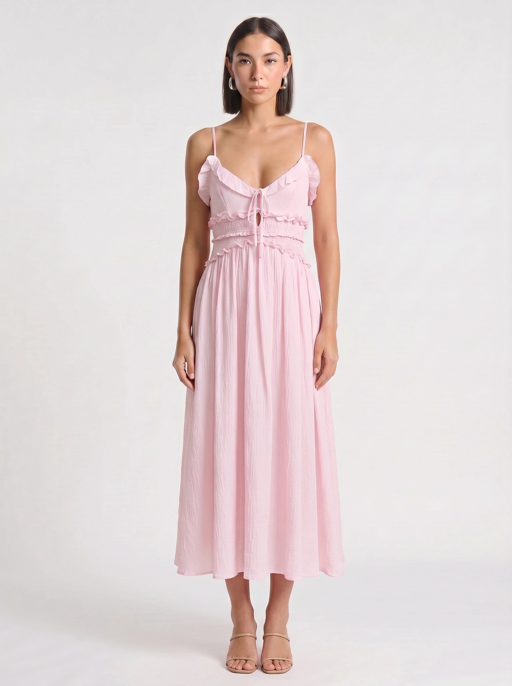 Frillina Ruffled Smocked Midi Dress – Romantic Sweetheart Neck Women Formal Wedding Guest Bridal Shower Feminine Midi Dress