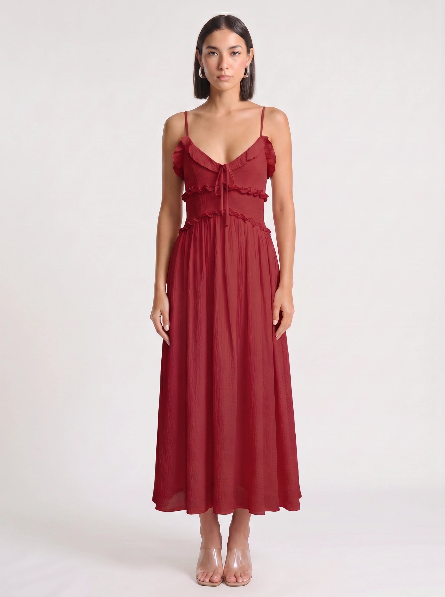 Frillina Ruffled Smocked Midi Dress – Romantic Sweetheart Neck Women Formal Wedding Guest Bridal Shower Feminine Midi Dress