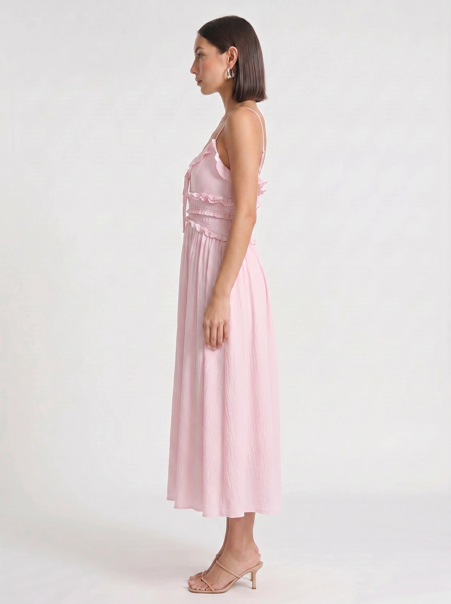 Frillina Ruffled Smocked Midi Dress – Romantic Sweetheart Neck Women Formal Wedding Guest Bridal Shower Feminine Midi Dress