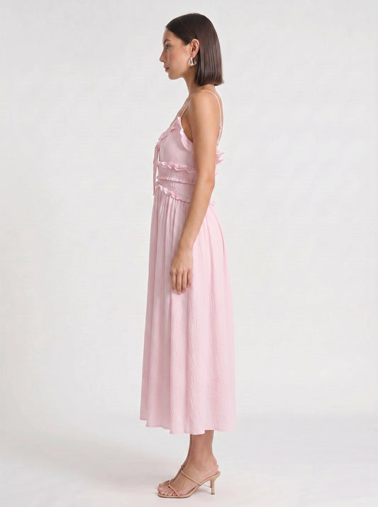 Frillina Ruffled Smocked Midi Dress – Romantic Sweetheart Neck Women Formal Wedding Guest Bridal Shower Feminine Midi Dress