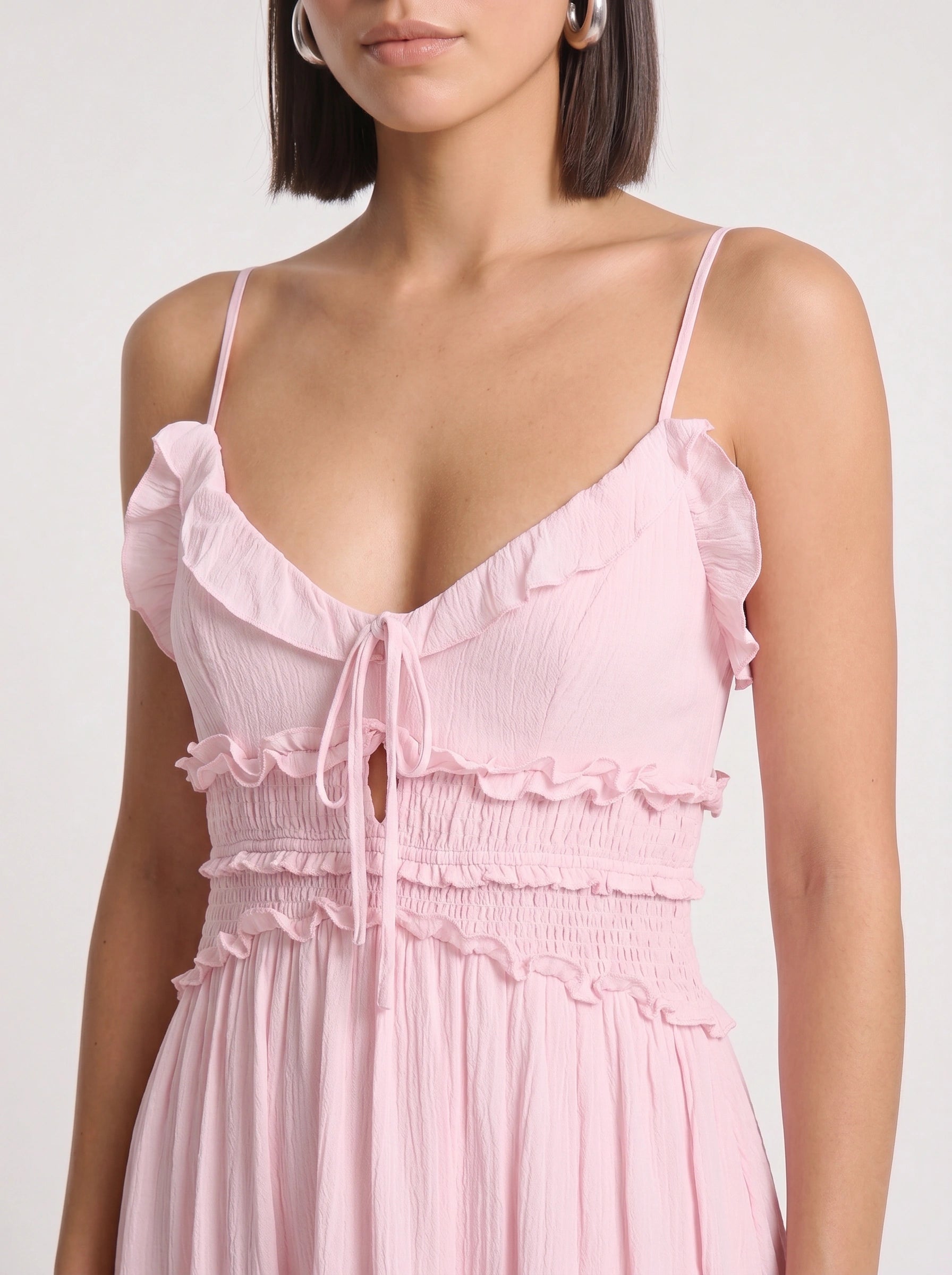 Frillina Ruffled Smocked Midi Dress – Romantic Sweetheart Neck Women Formal Wedding Guest Bridal Shower Feminine Midi Dress