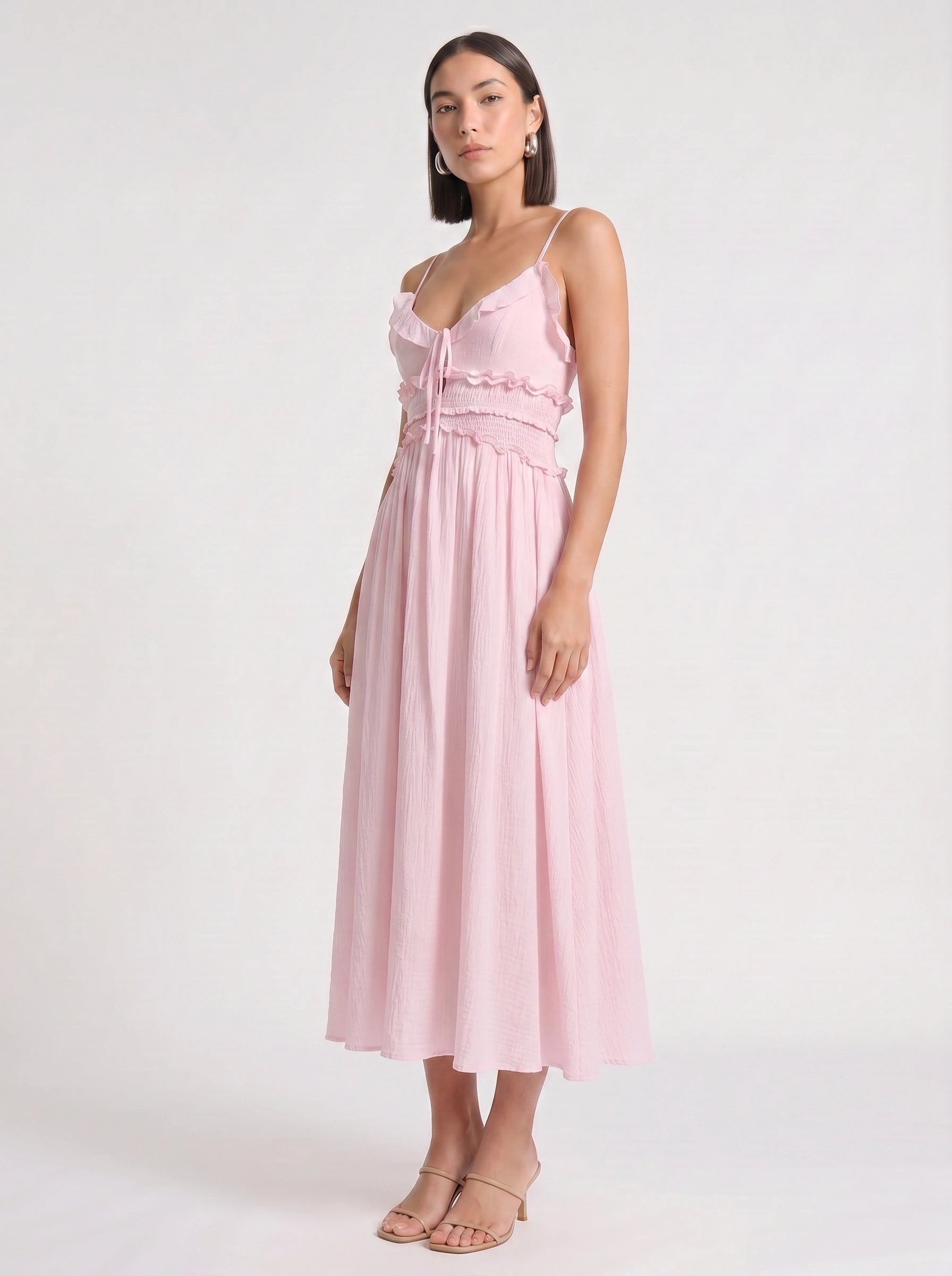 Frillina Ruffled Smocked Midi Dress – Romantic Sweetheart Neck Women Formal Wedding Guest Bridal Shower Feminine Midi Dress