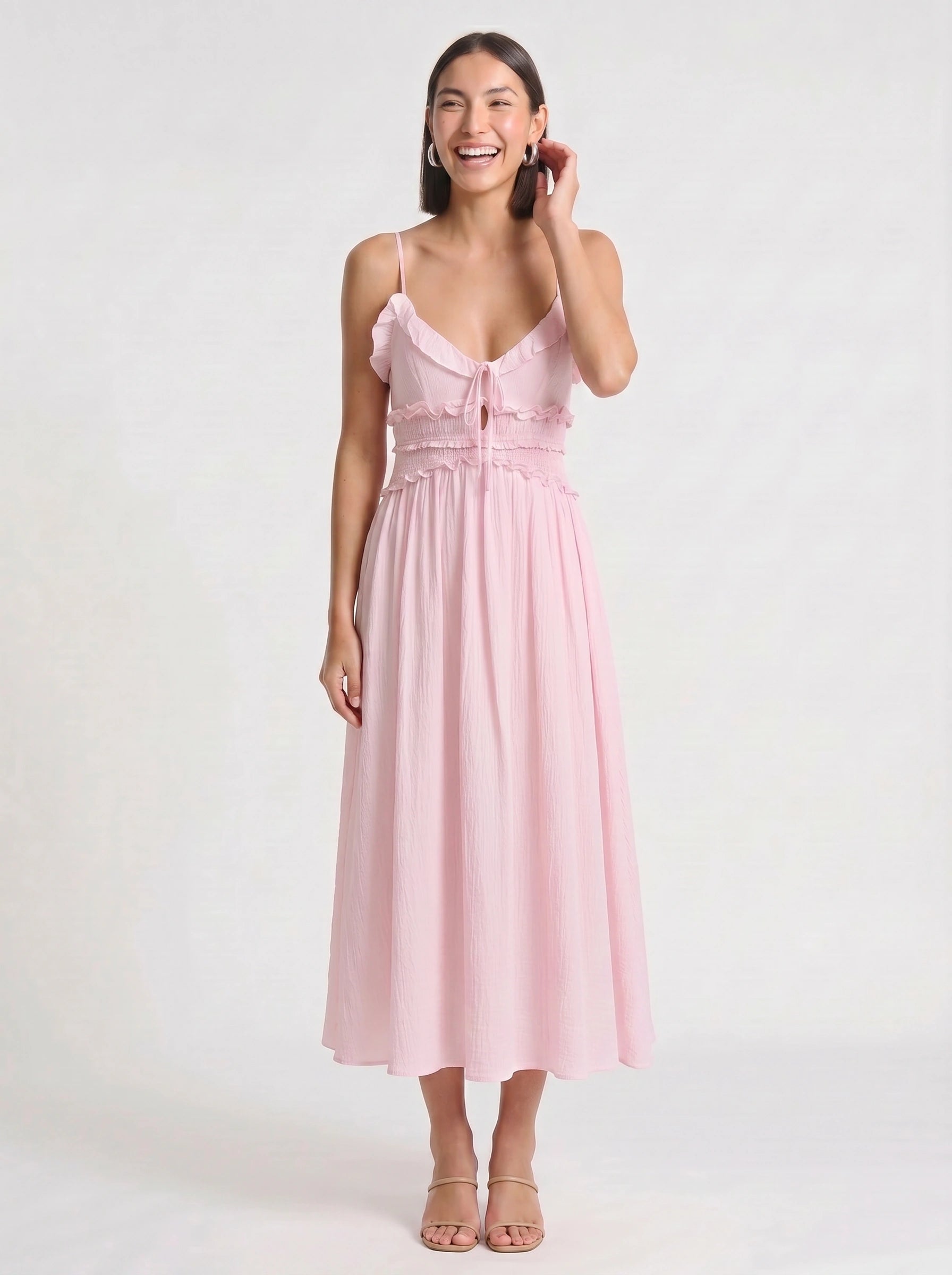 Frillina Ruffled Smocked Midi Dress – Romantic Sweetheart Neck Women Formal Wedding Guest Bridal Shower Feminine Midi Dress