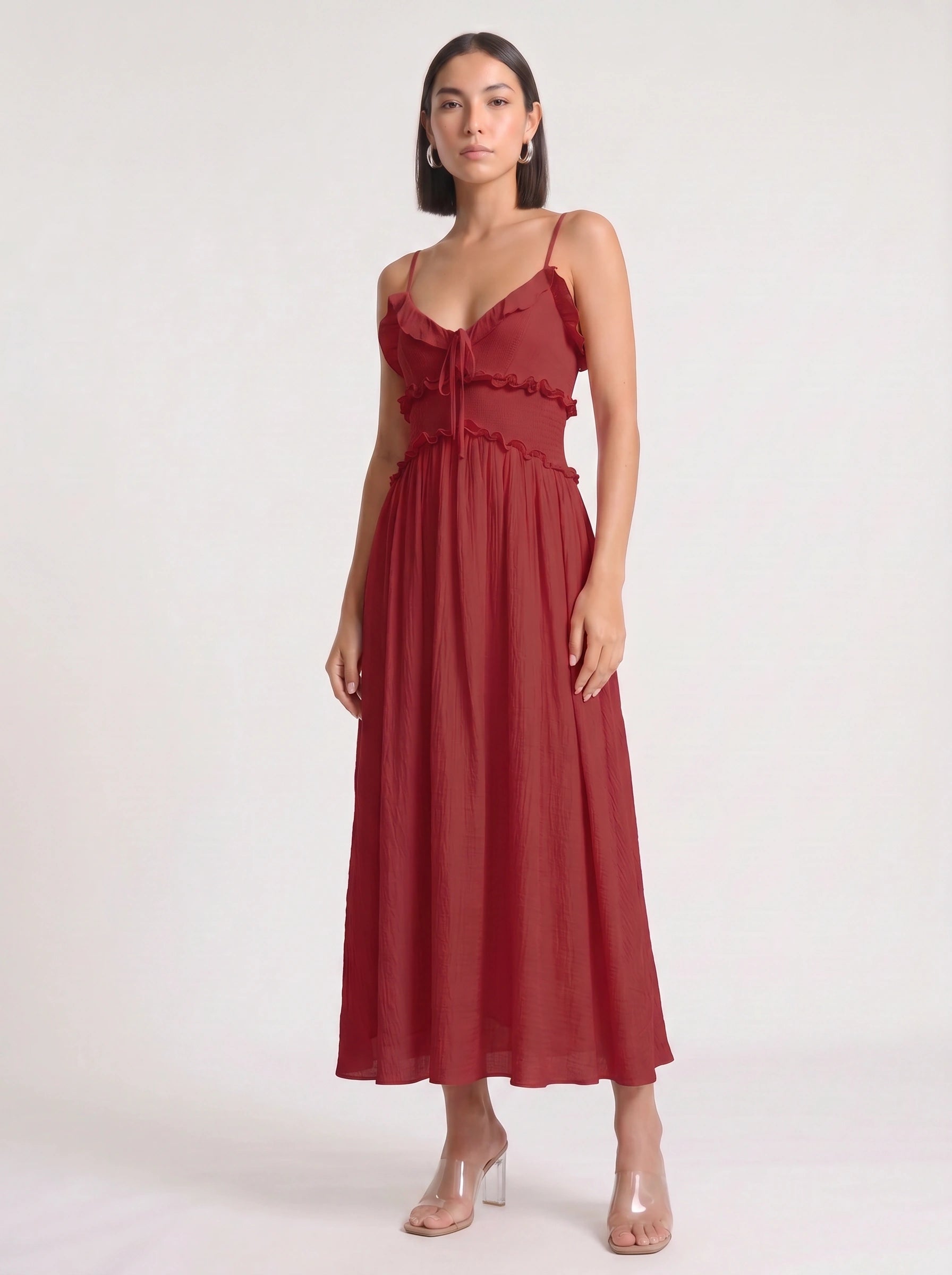 Frillina Ruffled Smocked Midi Dress – Romantic Sweetheart Neck Women Formal Wedding Guest Bridal Shower Feminine Midi Dress