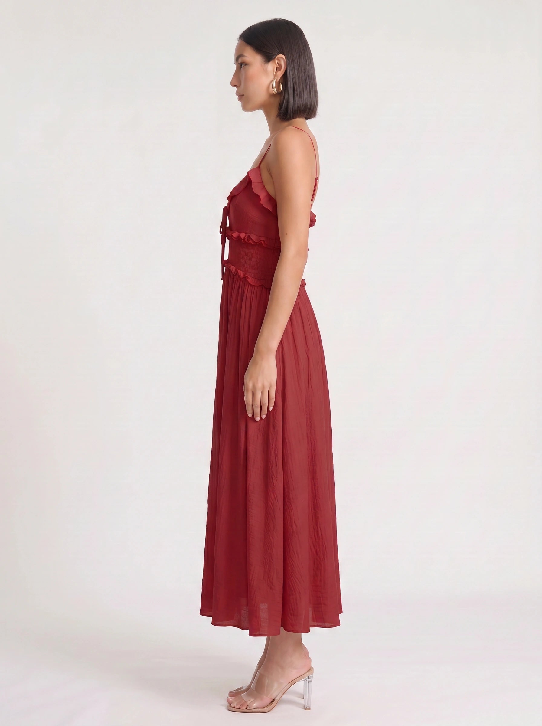 Frillina Ruffled Smocked Midi Dress – Romantic Sweetheart Neck Women Formal Wedding Guest Bridal Shower Feminine Midi Dress