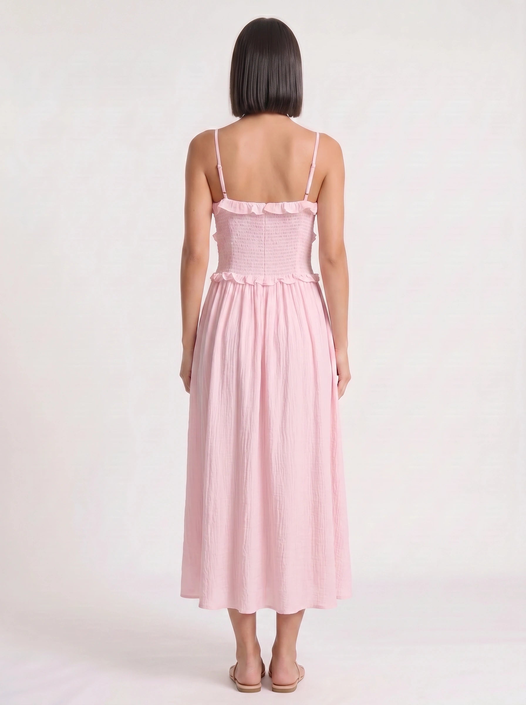 Frillina Ruffled Smocked Midi Dress – Romantic Sweetheart Neck Women Formal Wedding Guest Bridal Shower Feminine Midi Dress