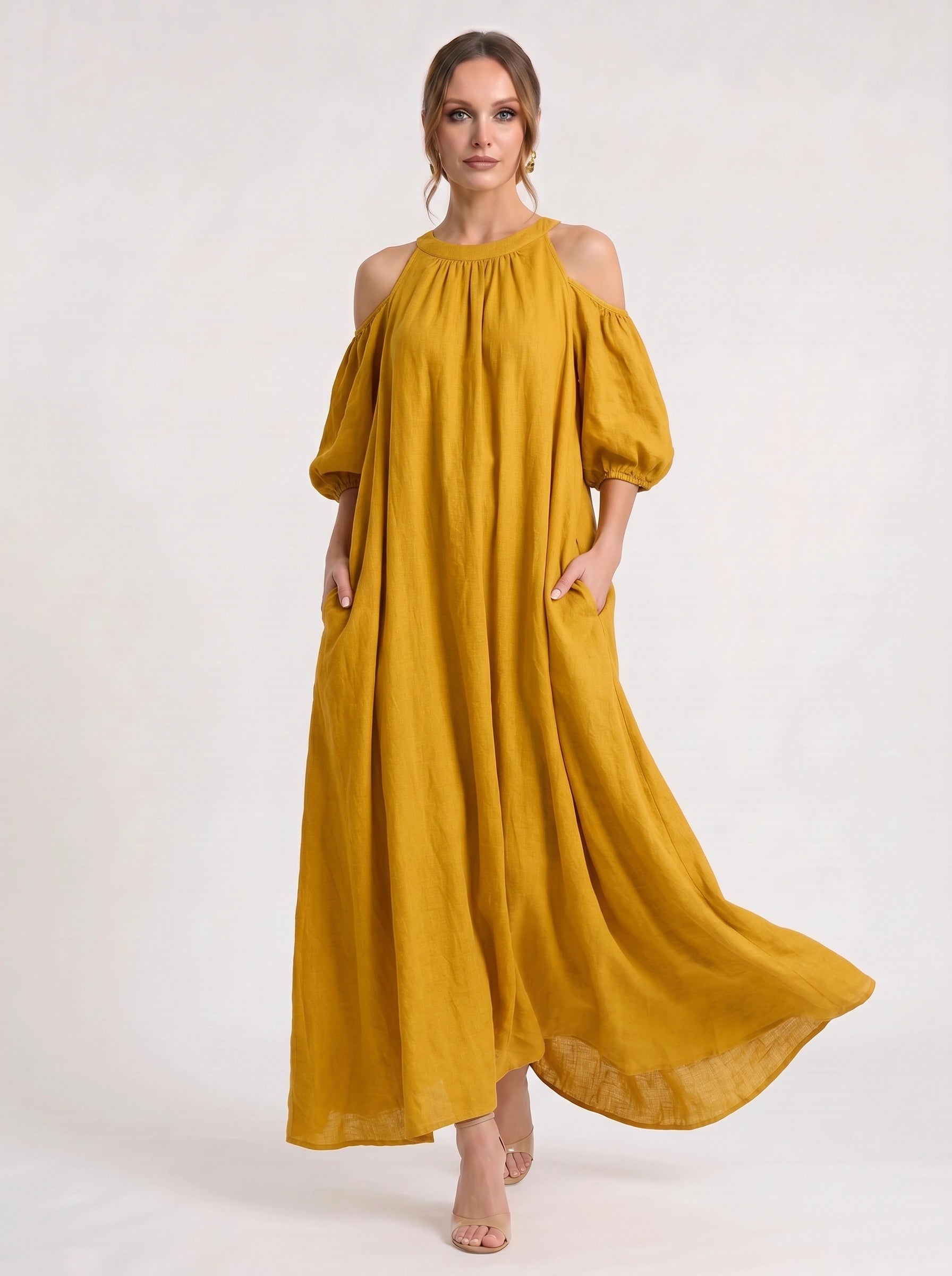 Velmira Cold-Shoulder Maxi Dress – Women Boho Linen Sundress Vacation Beach Resort Casual Maxi Dress