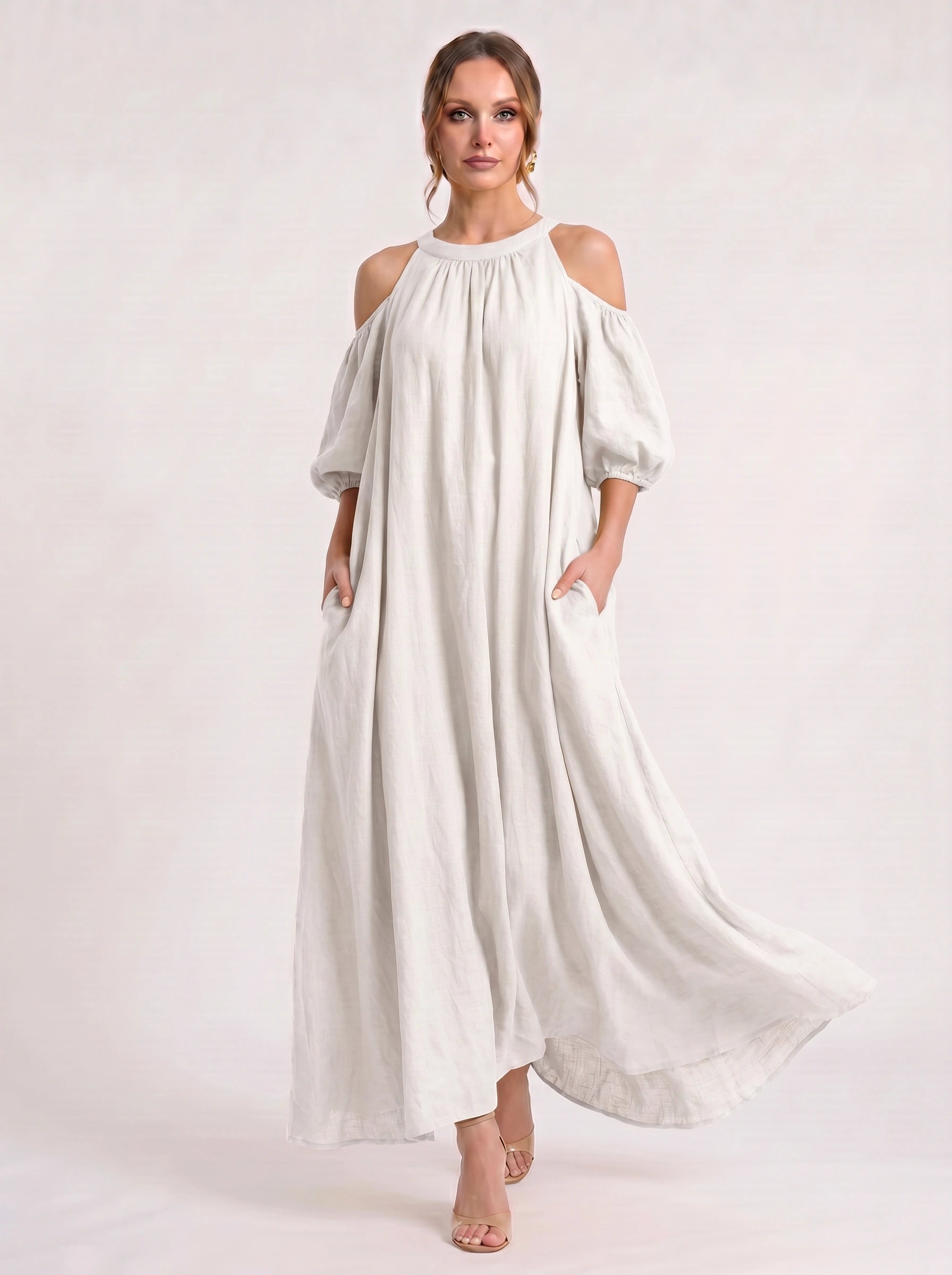 Velmira Cold-Shoulder Maxi Dress – Women Boho Linen Sundress Vacation Beach Resort Casual Maxi Dress
