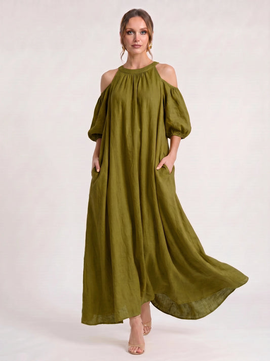 Velmira Cold-Shoulder Maxi Dress – Women Boho Linen Sundress Vacation Beach Resort Casual Maxi Dress