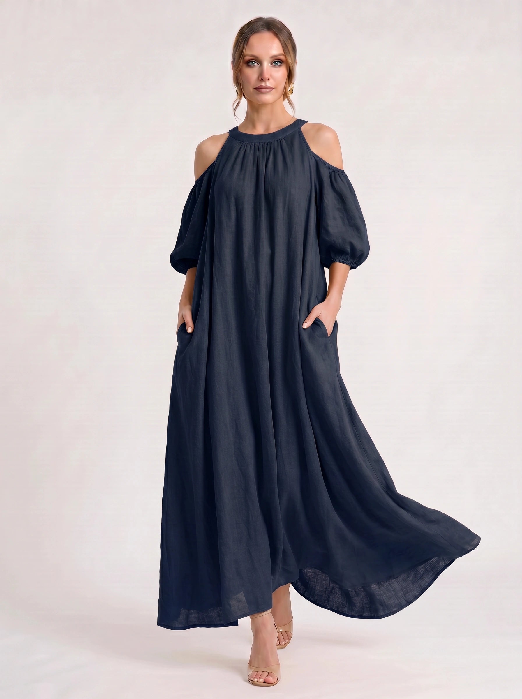Velmira Cold-Shoulder Maxi Dress – Women Boho Linen Sundress Vacation Beach Resort Casual Maxi Dress