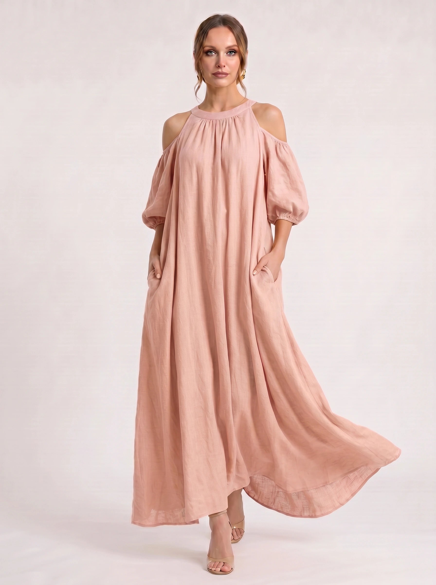 Velmira Cold-Shoulder Maxi Dress – Women Boho Linen Sundress Vacation Beach Resort Casual Maxi Dress