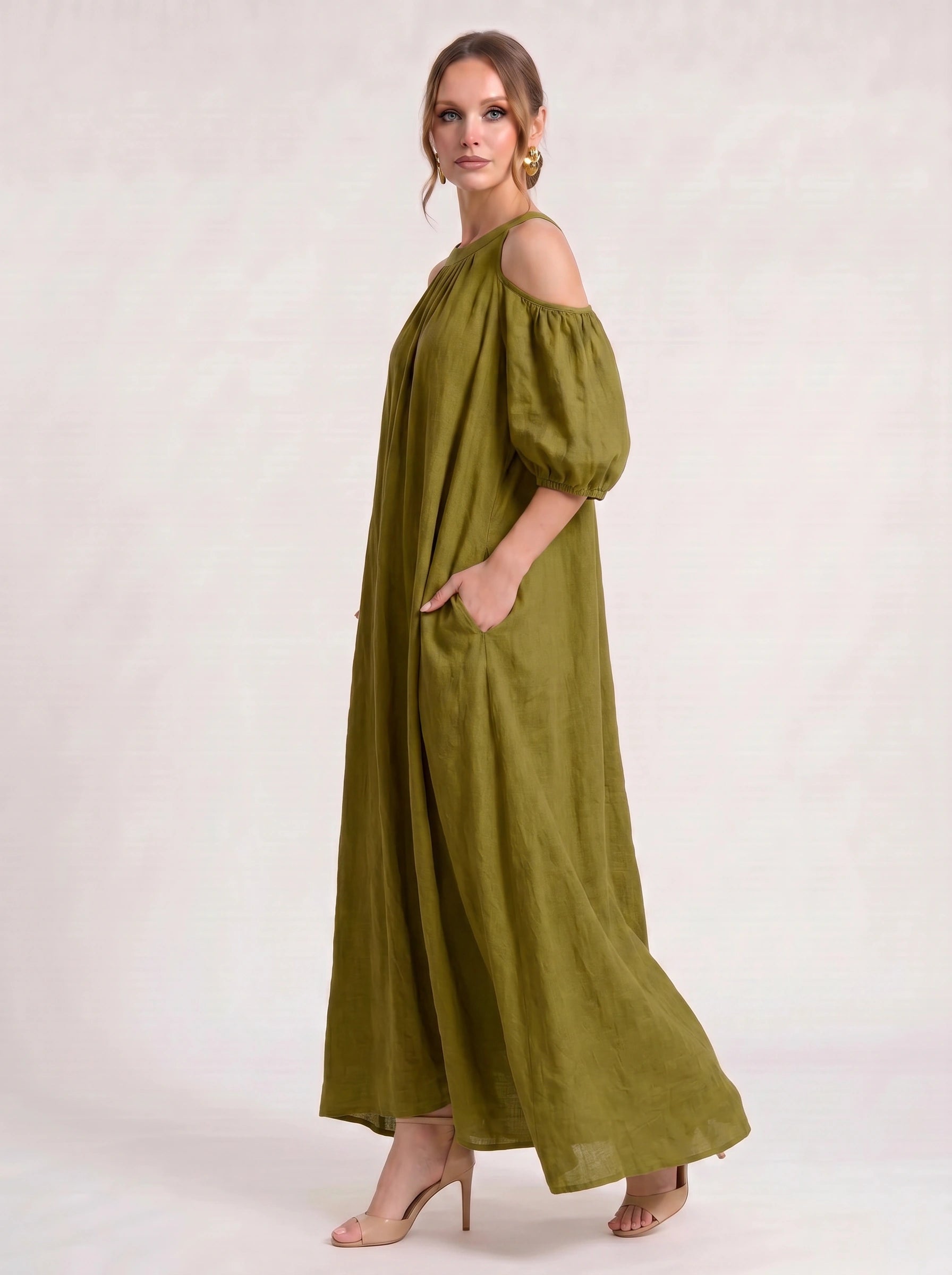 Velmira Cold-Shoulder Maxi Dress – Women Boho Linen Sundress Vacation Beach Resort Casual Maxi Dress