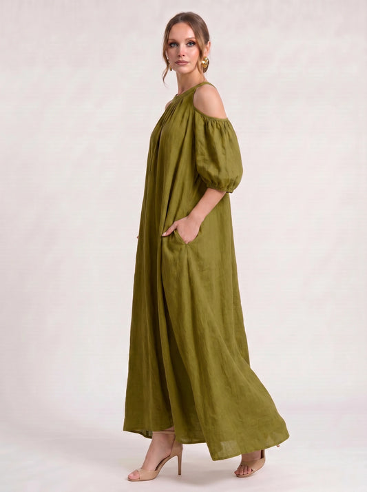 Velmira Cold-Shoulder Maxi Dress – Women Boho Linen Sundress Vacation Beach Resort Casual Maxi Dress