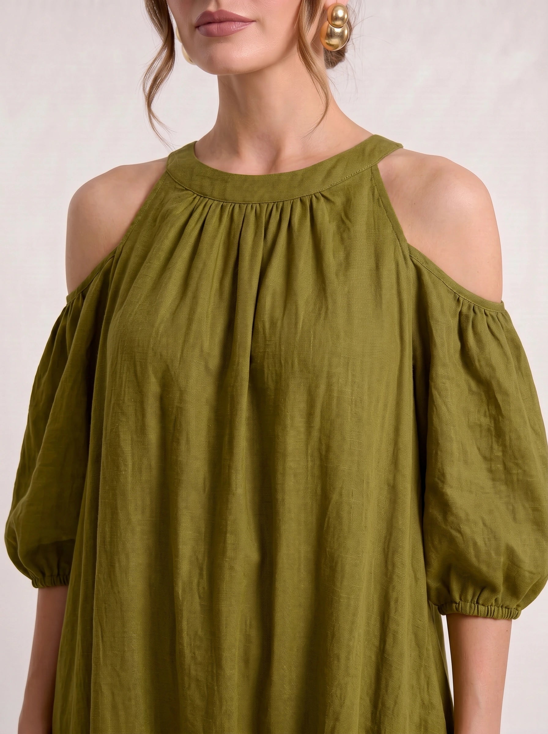 Velmira Cold-Shoulder Maxi Dress – Women Boho Linen Sundress Vacation Beach Resort Casual Maxi Dress