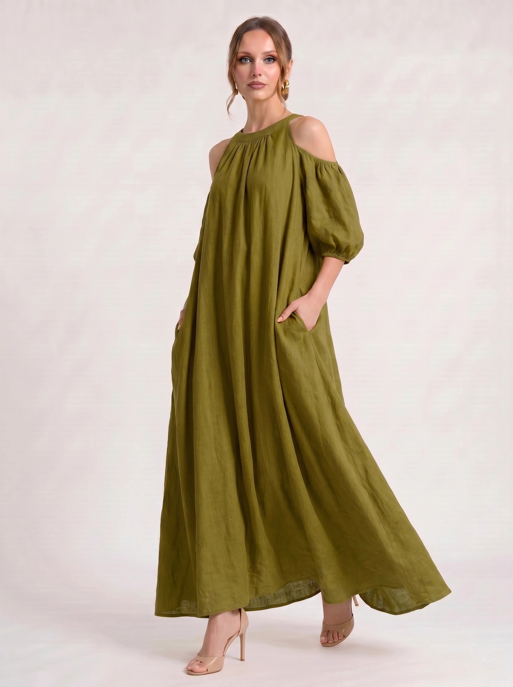 Velmira Cold-Shoulder Maxi Dress – Women Boho Linen Sundress Vacation Beach Resort Casual Maxi Dress