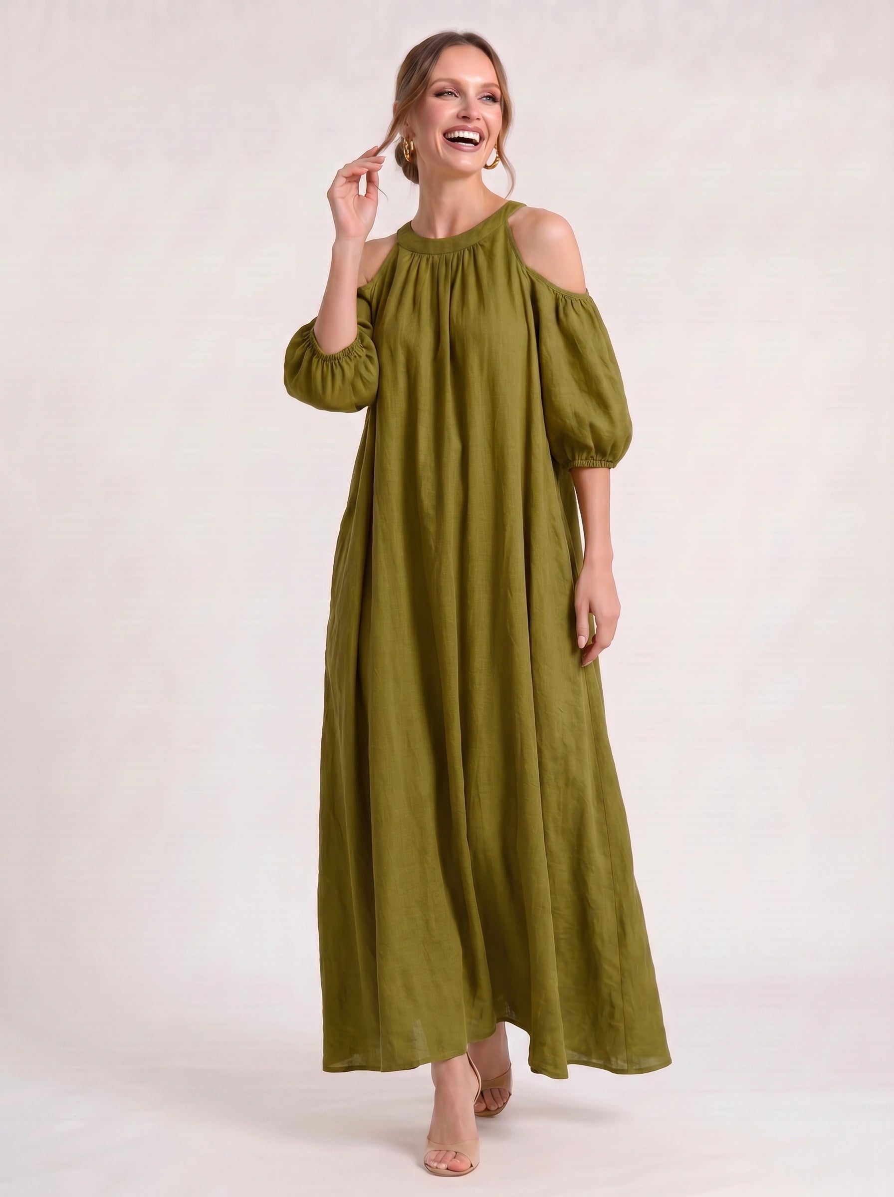Velmira Cold-Shoulder Maxi Dress – Women Boho Linen Sundress Vacation Beach Resort Casual Maxi Dress