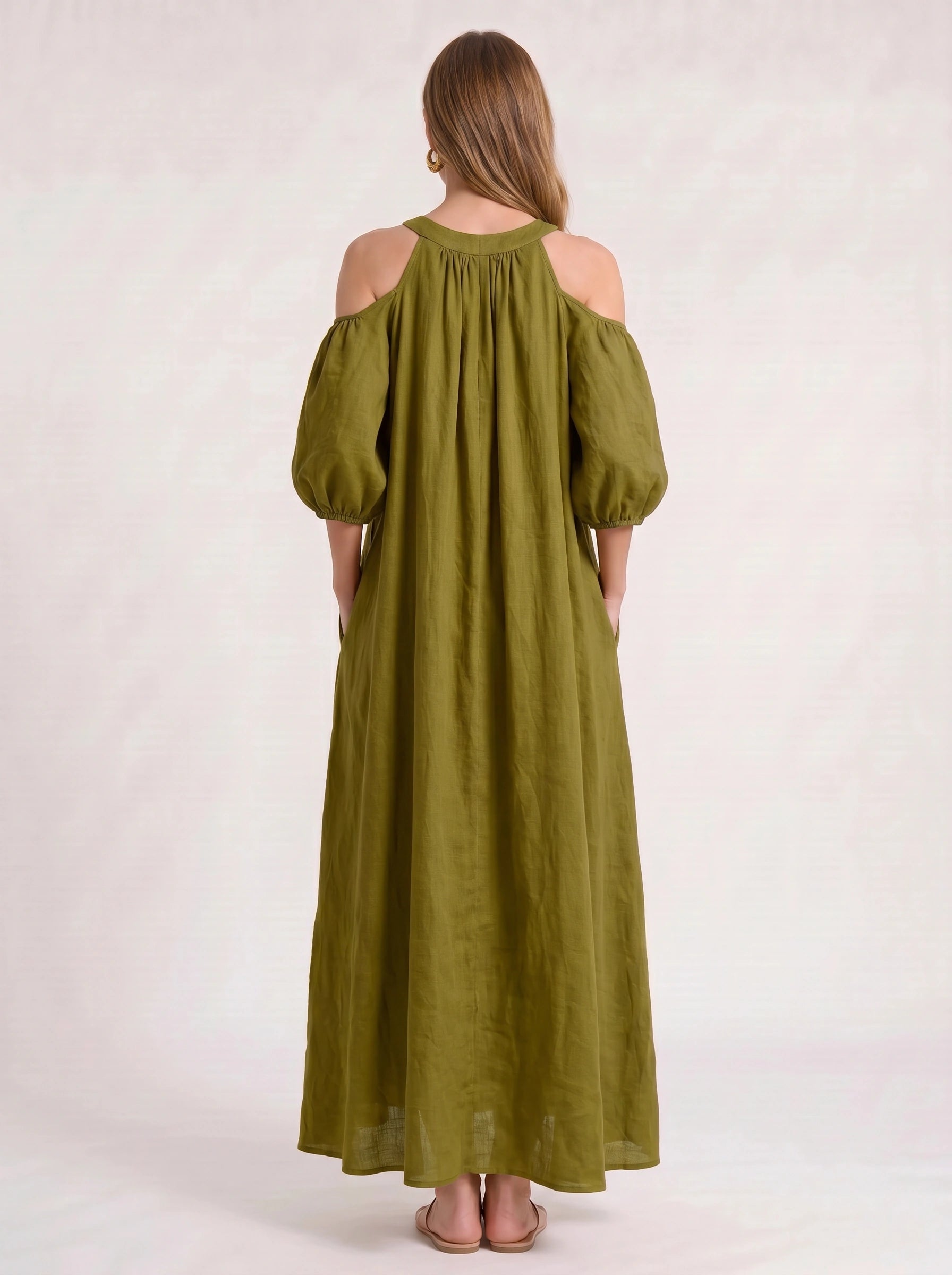 Velmira Cold-Shoulder Maxi Dress – Women Boho Linen Sundress Vacation Beach Resort Casual Maxi Dress