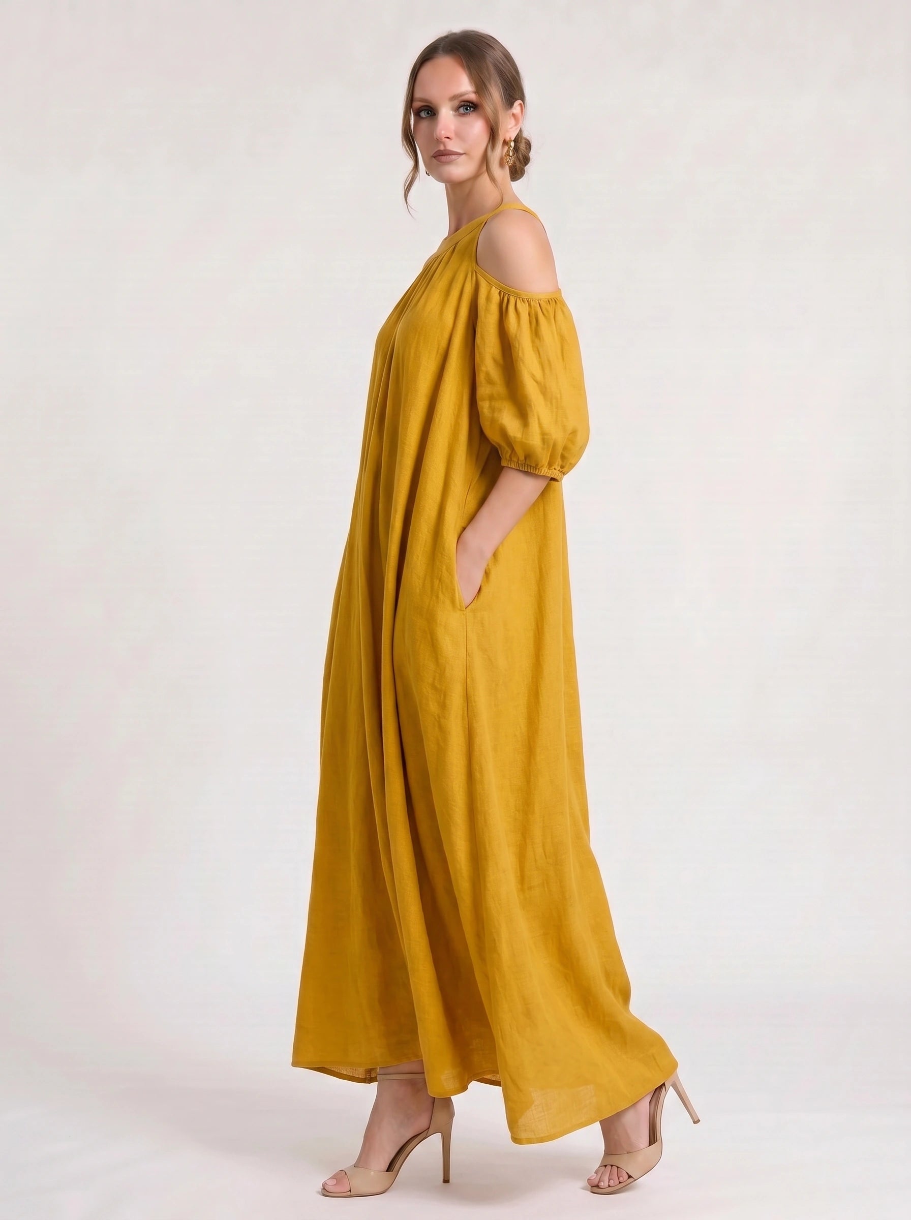 Velmira Cold-Shoulder Maxi Dress – Women Boho Linen Sundress Vacation Beach Resort Casual Maxi Dress