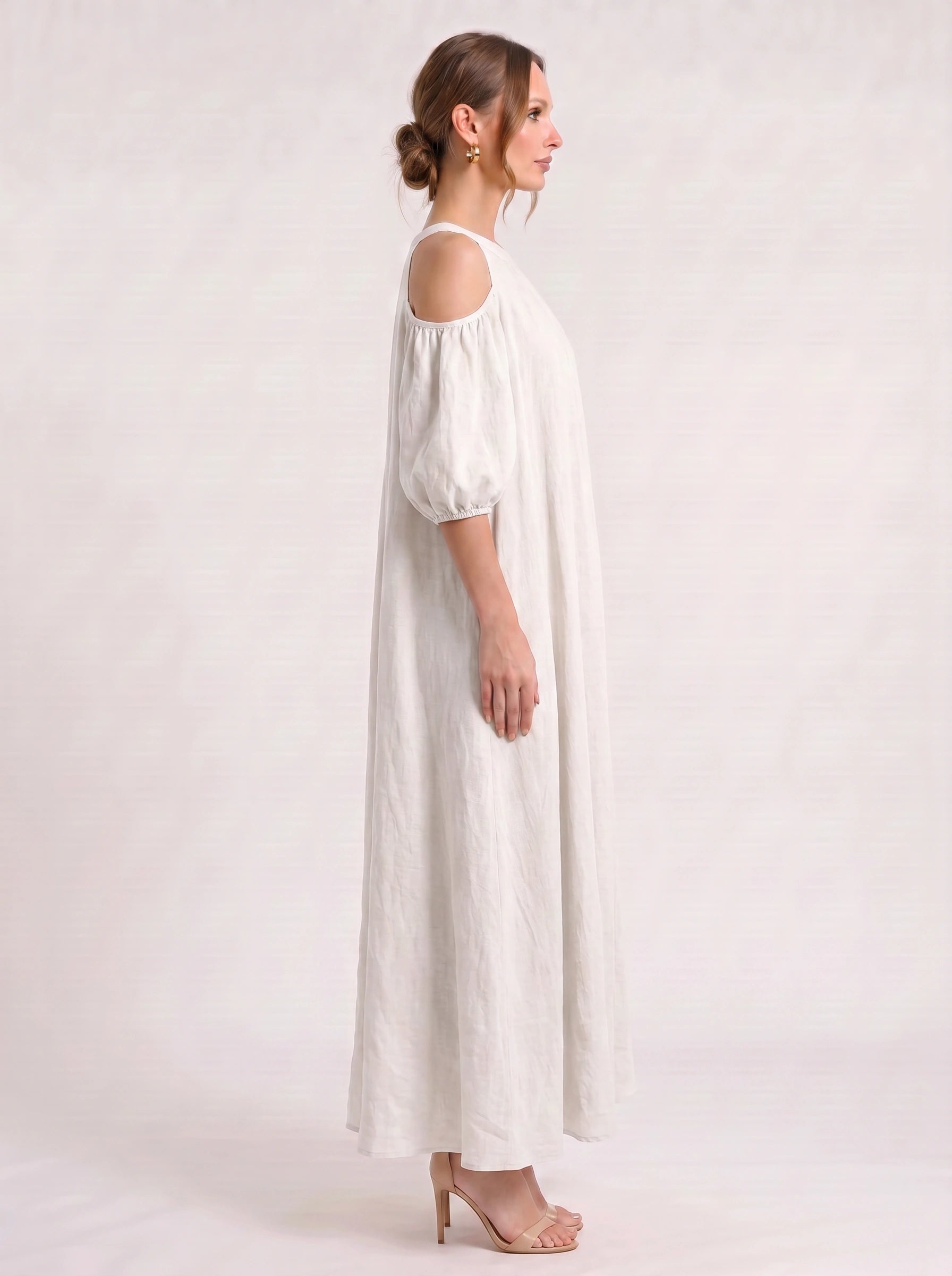 Velmira Cold-Shoulder Maxi Dress – Women Boho Linen Sundress Vacation Beach Resort Casual Maxi Dress