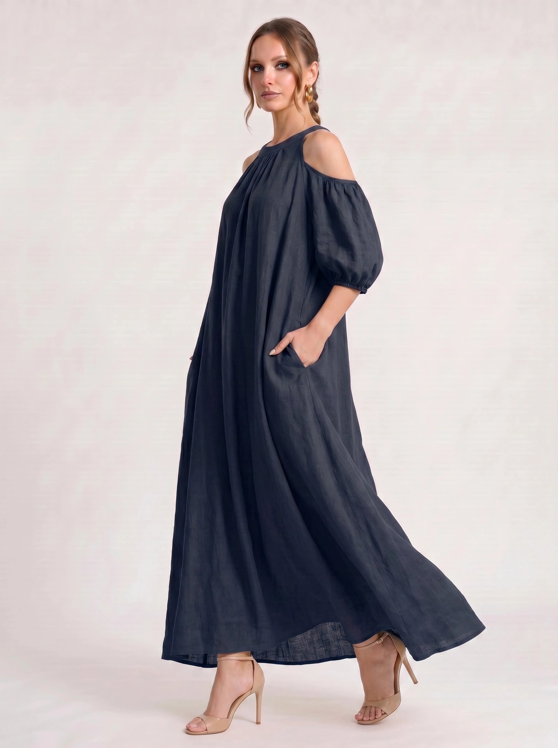 Velmira Cold-Shoulder Maxi Dress – Women Boho Linen Sundress Vacation Beach Resort Casual Maxi Dress
