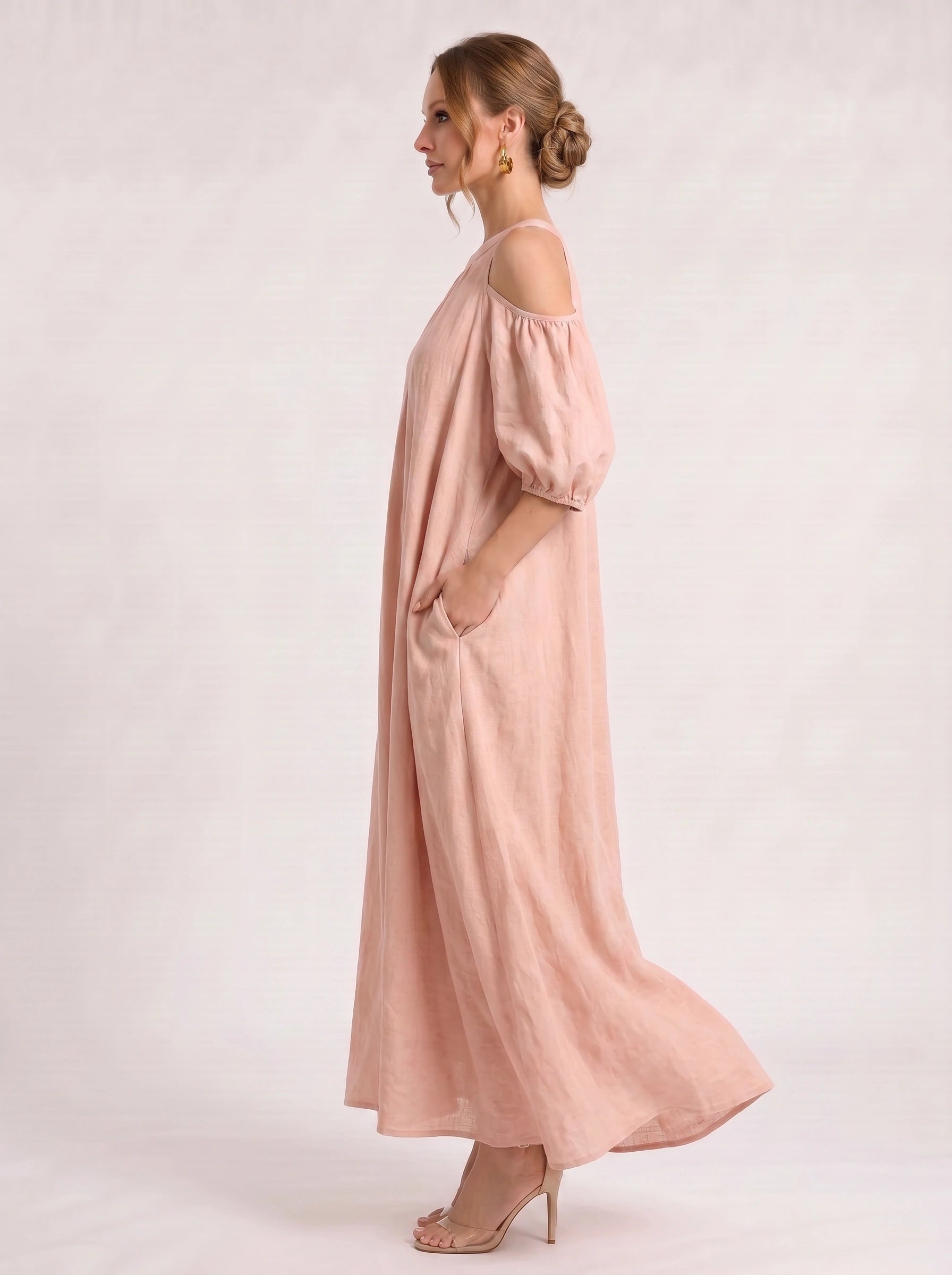 Velmira Cold-Shoulder Maxi Dress – Women Boho Linen Sundress Vacation Beach Resort Casual Maxi Dress