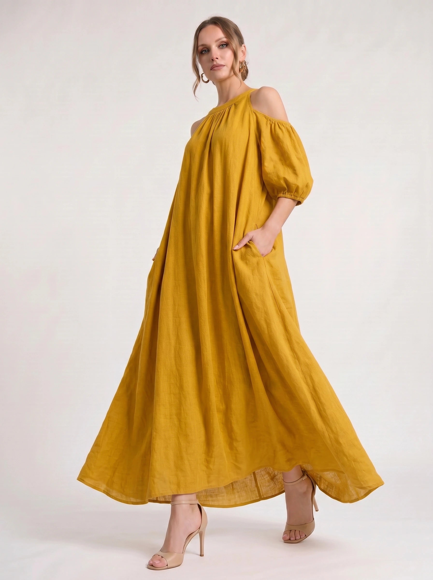 Velmira Cold-Shoulder Maxi Dress – Women Boho Linen Sundress Vacation Beach Resort Casual Maxi Dress
