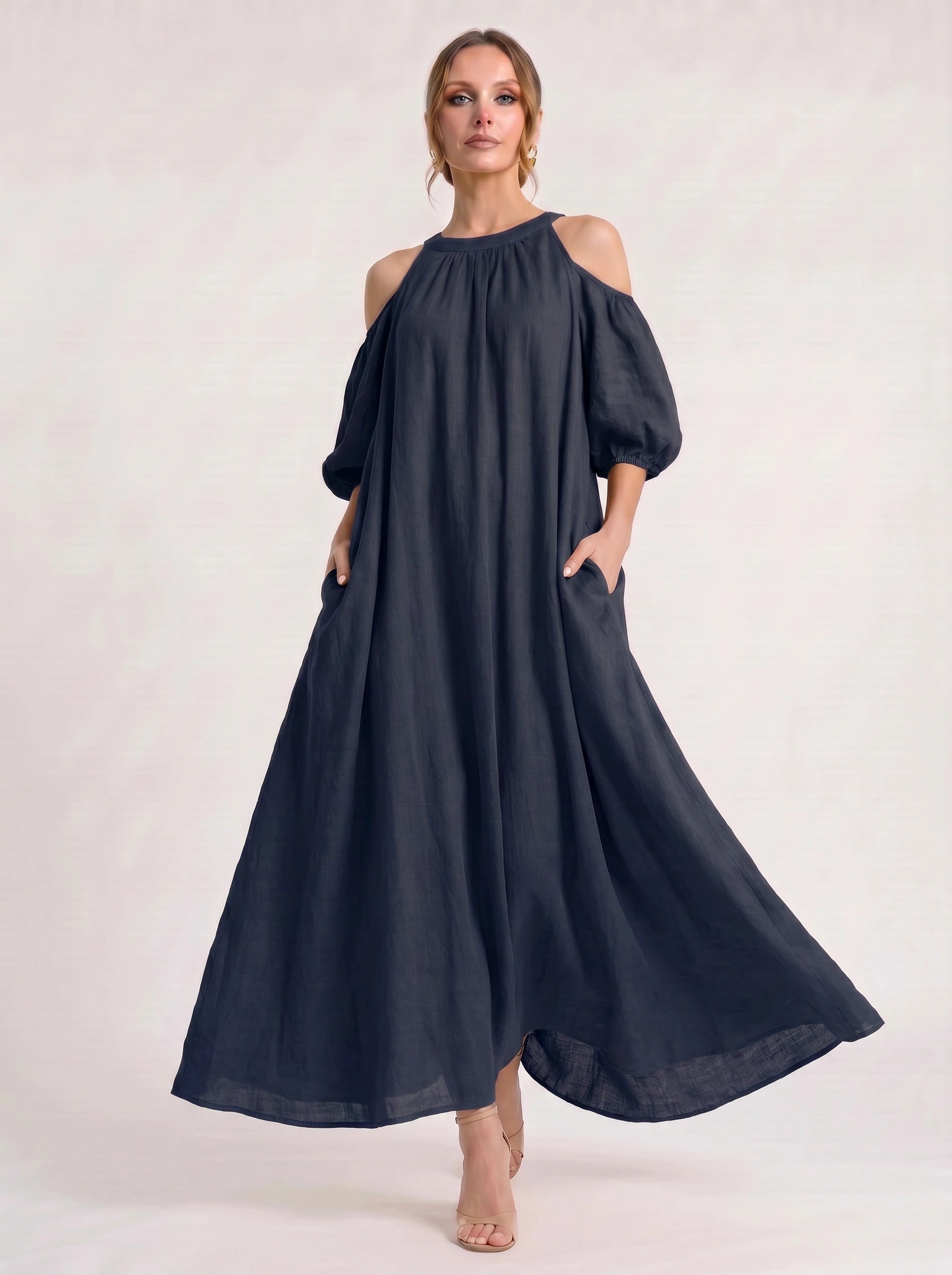 Velmira Cold-Shoulder Maxi Dress – Women Boho Linen Sundress Vacation Beach Resort Casual Maxi Dress
