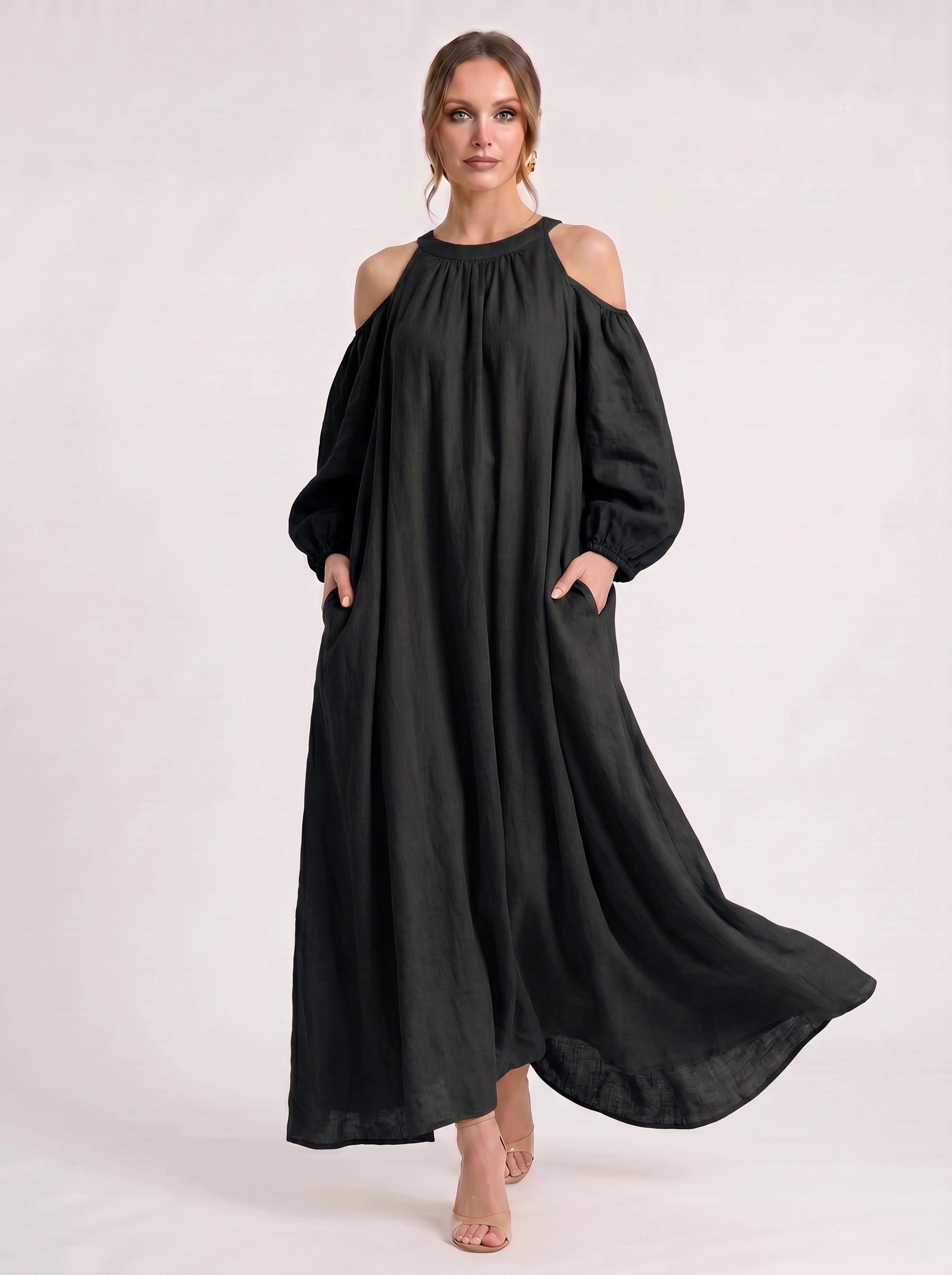 Velmira Cold-Shoulder Maxi Dress – Women Boho Linen Sundress Vacation Beach Resort Casual Maxi Dress