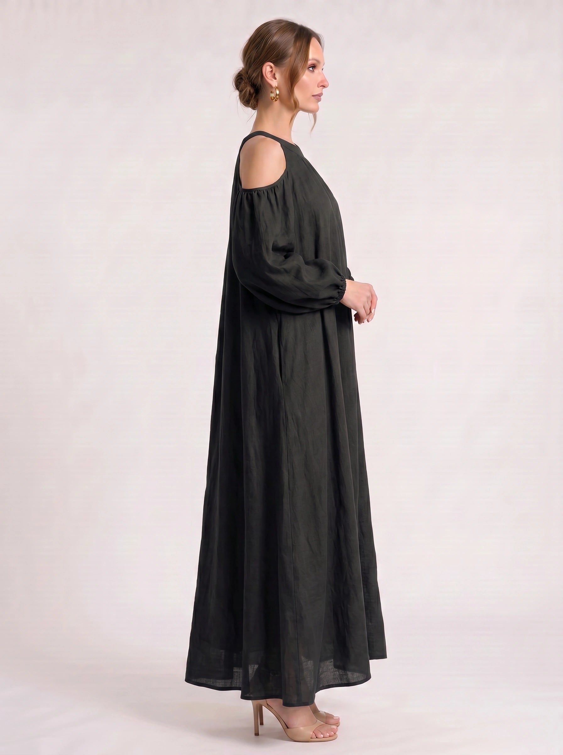 Velmira Cold-Shoulder Maxi Dress – Women Boho Linen Sundress Vacation Beach Resort Casual Maxi Dress