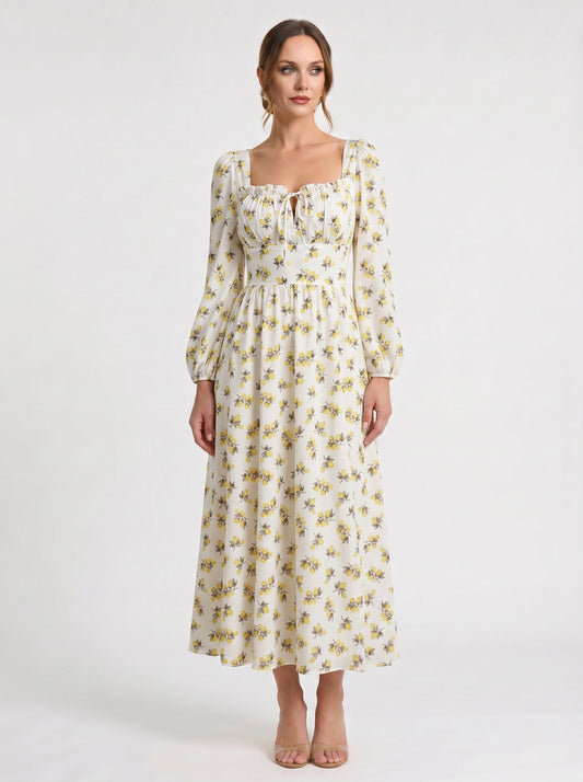 Citronay Puff Sleeve Midi Dress – Floral Long Sleeve Women Cottage Core Prairie Romantic Fit Flare Midi Dress