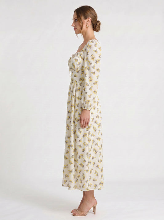 Citronay Puff Sleeve Midi Dress – Floral Long Sleeve Women Cottage Core Prairie Romantic Fit Flare Midi Dress