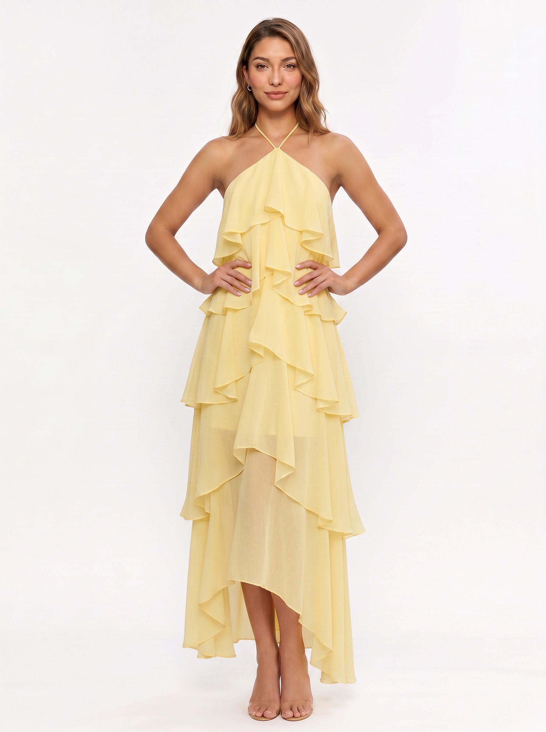 Cascadio Tiered Ruffle Halter Maxi Dress – Women Formal Wedding Guest Cocktail Summer Evening Maxi Dress
