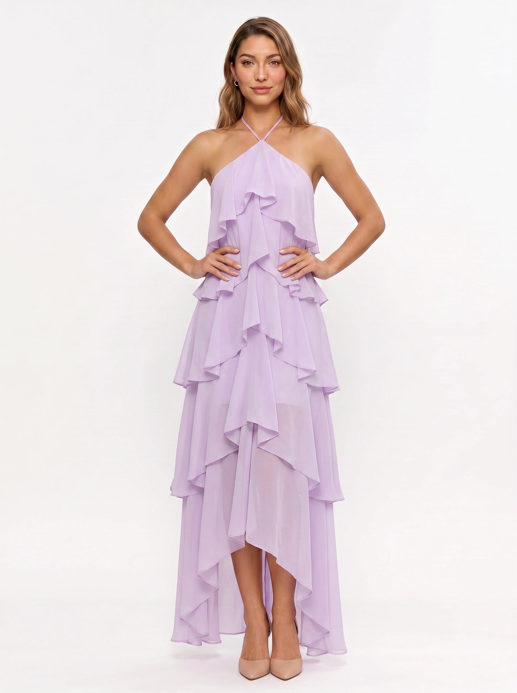 Cascadio Tiered Ruffle Halter Maxi Dress – Women Formal Wedding Guest Cocktail Summer Evening Maxi Dress