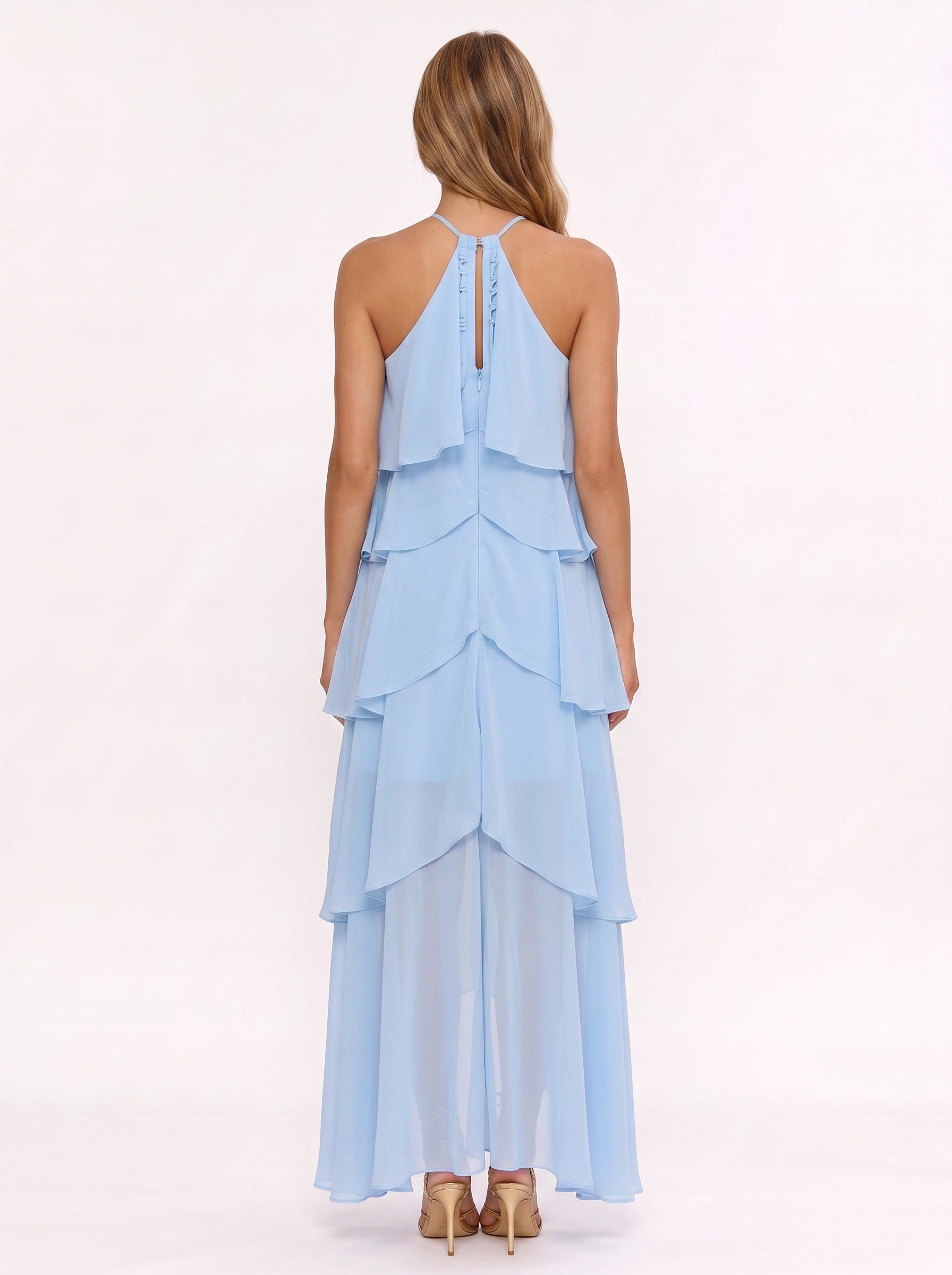 Cascadio Tiered Ruffle Halter Maxi Dress – Women Formal Wedding Guest Cocktail Summer Evening Maxi Dress