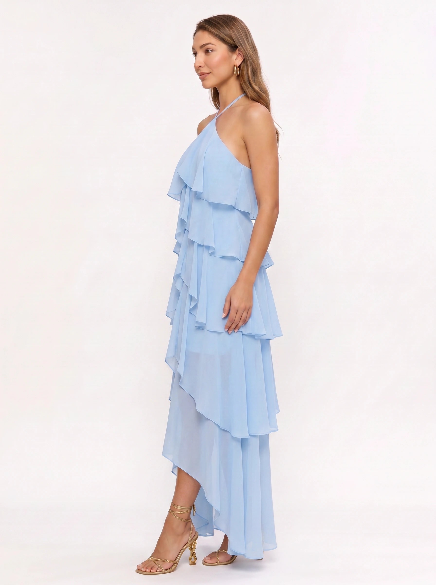 Cascadio Tiered Ruffle Halter Maxi Dress – Women Formal Wedding Guest Cocktail Summer Evening Maxi Dress