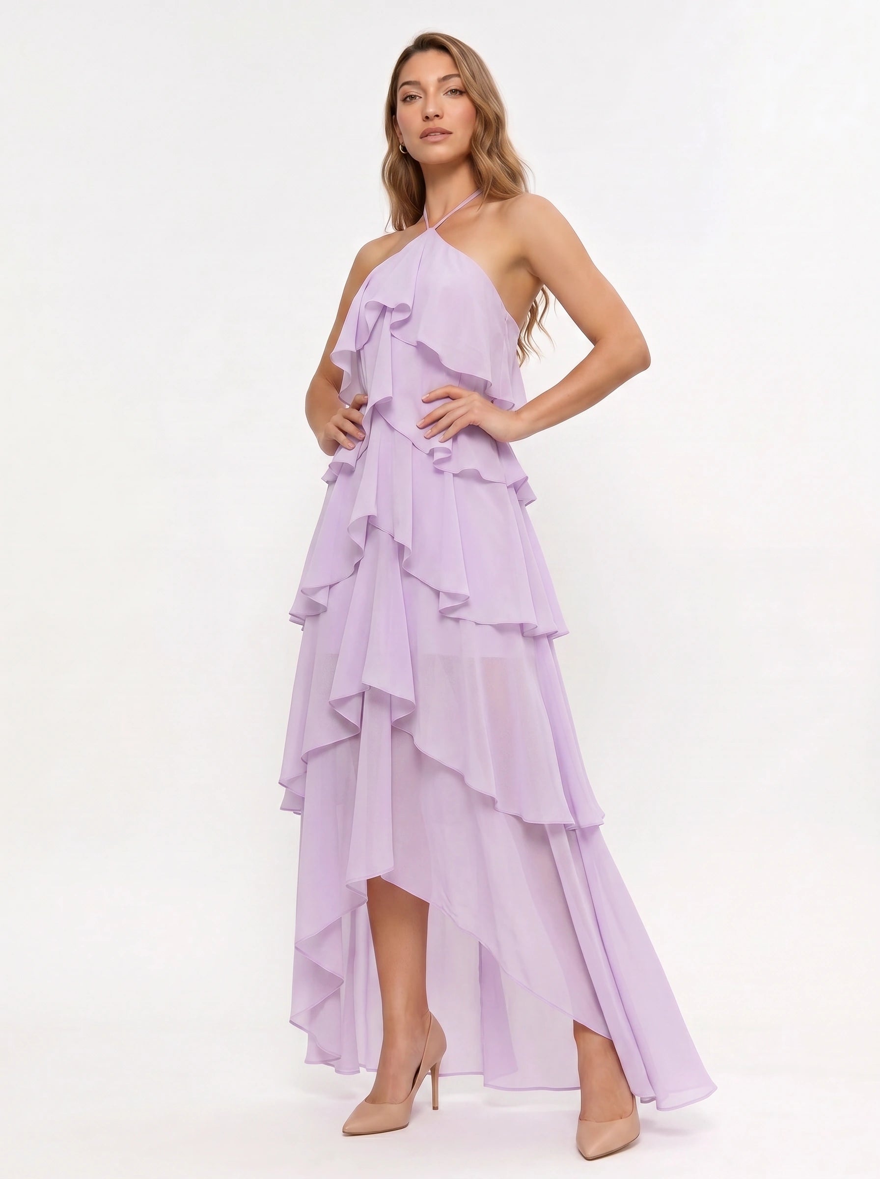 Cascadio Tiered Ruffle Halter Maxi Dress – Women Formal Wedding Guest Cocktail Summer Evening Maxi Dress