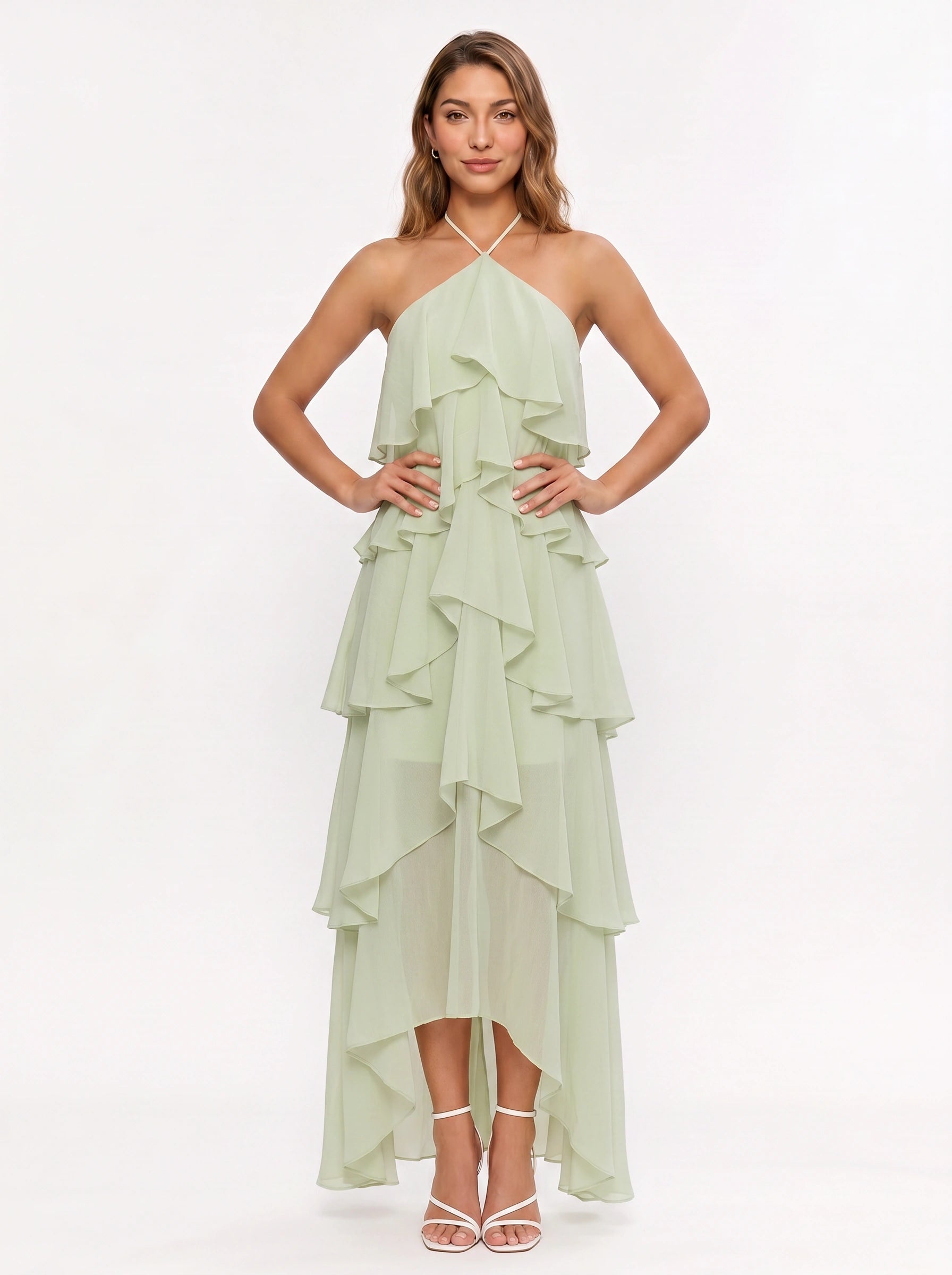 Cascadio Tiered Ruffle Halter Maxi Dress – Women Formal Wedding Guest Cocktail Summer Evening Maxi Dress