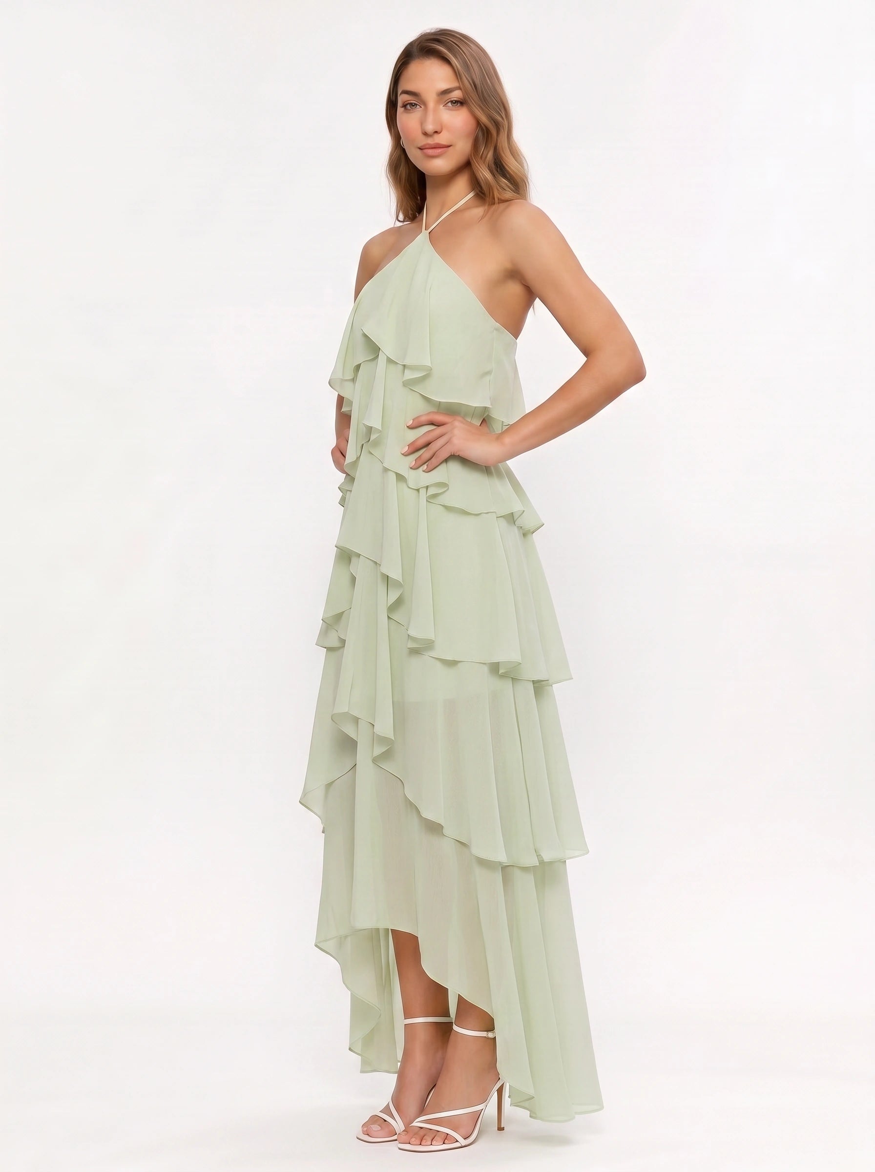 Cascadio Tiered Ruffle Halter Maxi Dress – Women Formal Wedding Guest Cocktail Summer Evening Maxi Dress
