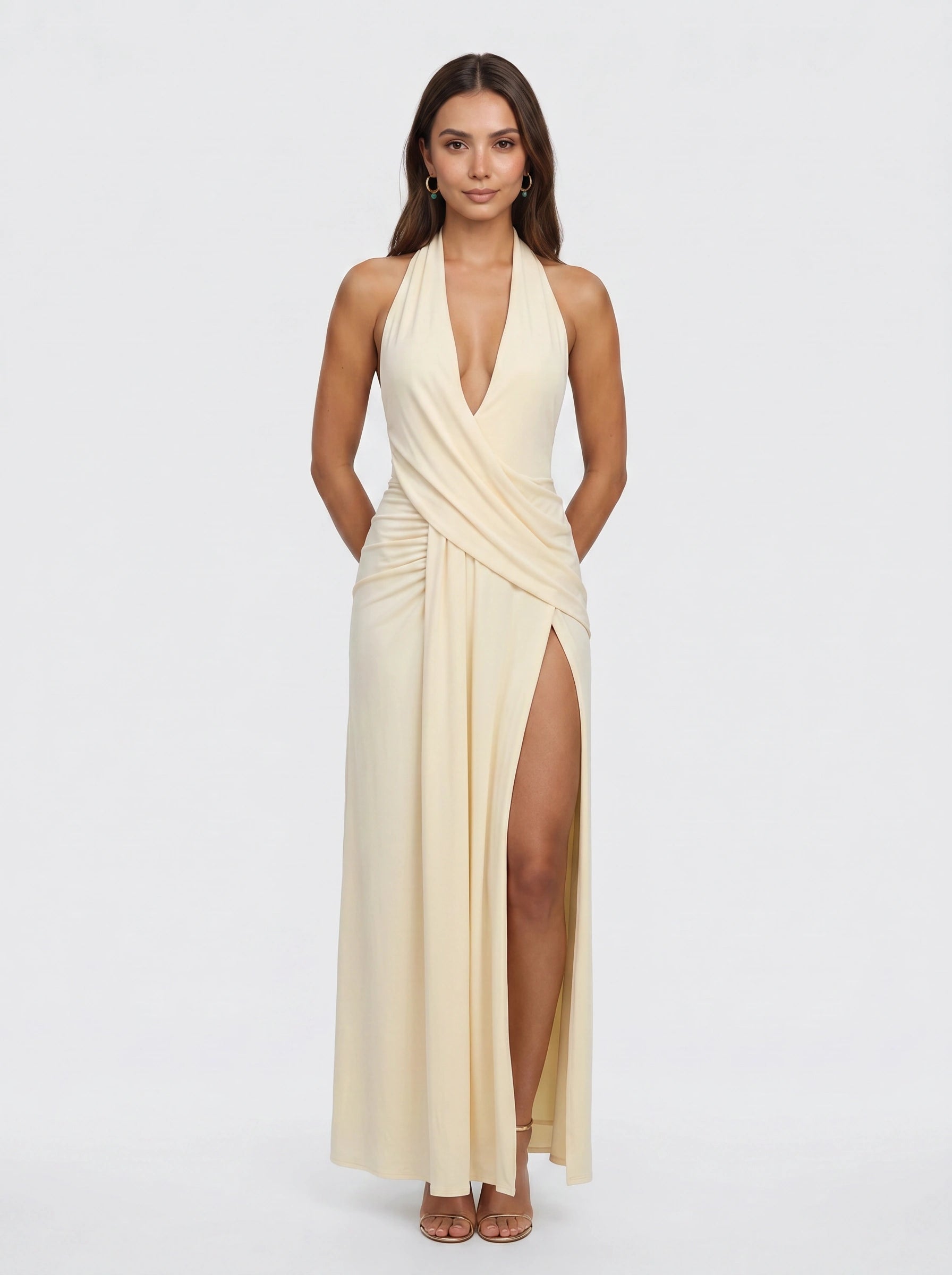 Venara Halter Wrap Maxi Dress – Women Formal Wedding Guest Cocktail Evening Plunge Neck Thigh Slit Maxi Dress