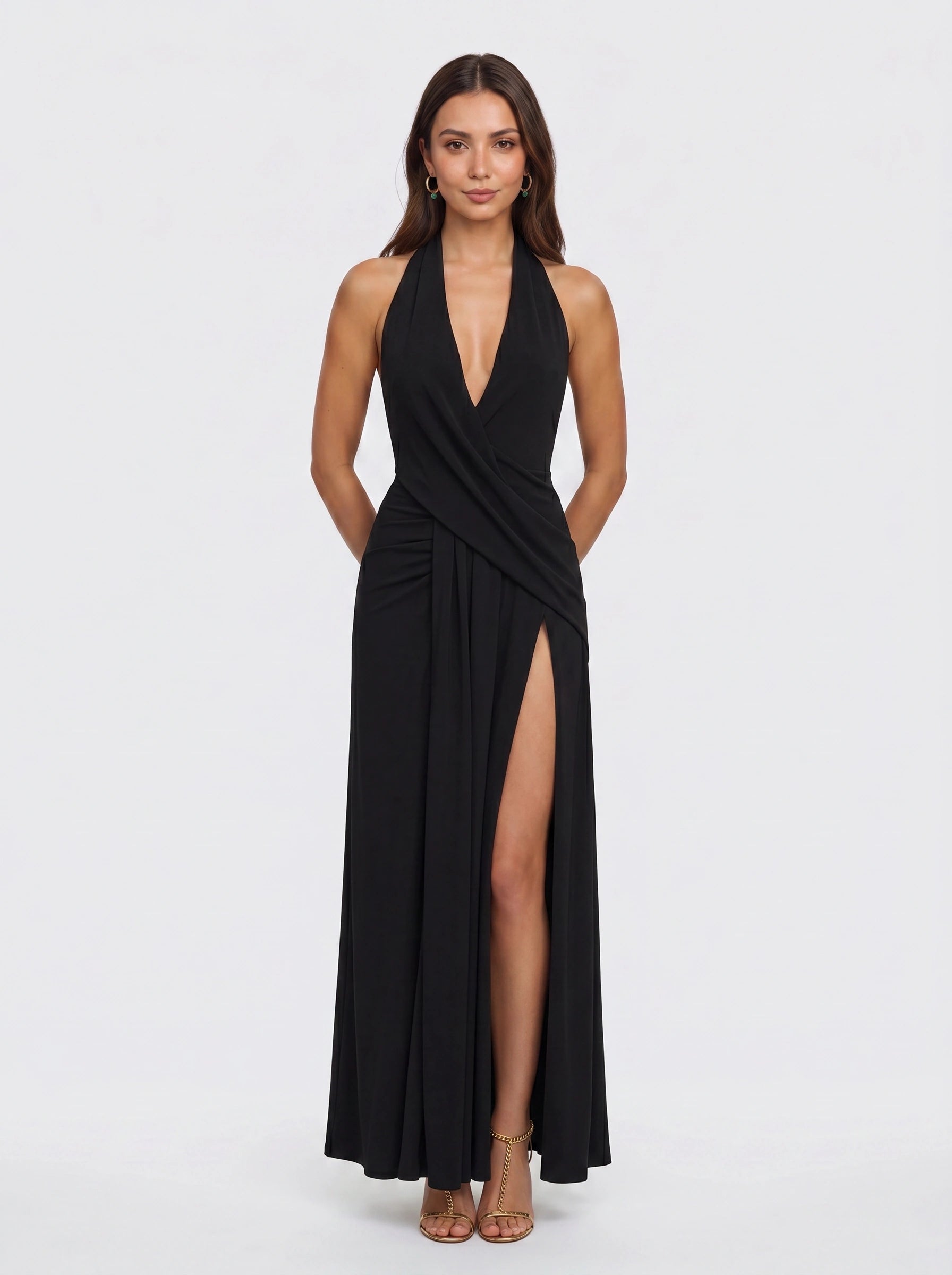 Venara Halter Wrap Maxi Dress – Women Formal Wedding Guest Cocktail Evening Plunge Neck Thigh Slit Maxi Dress