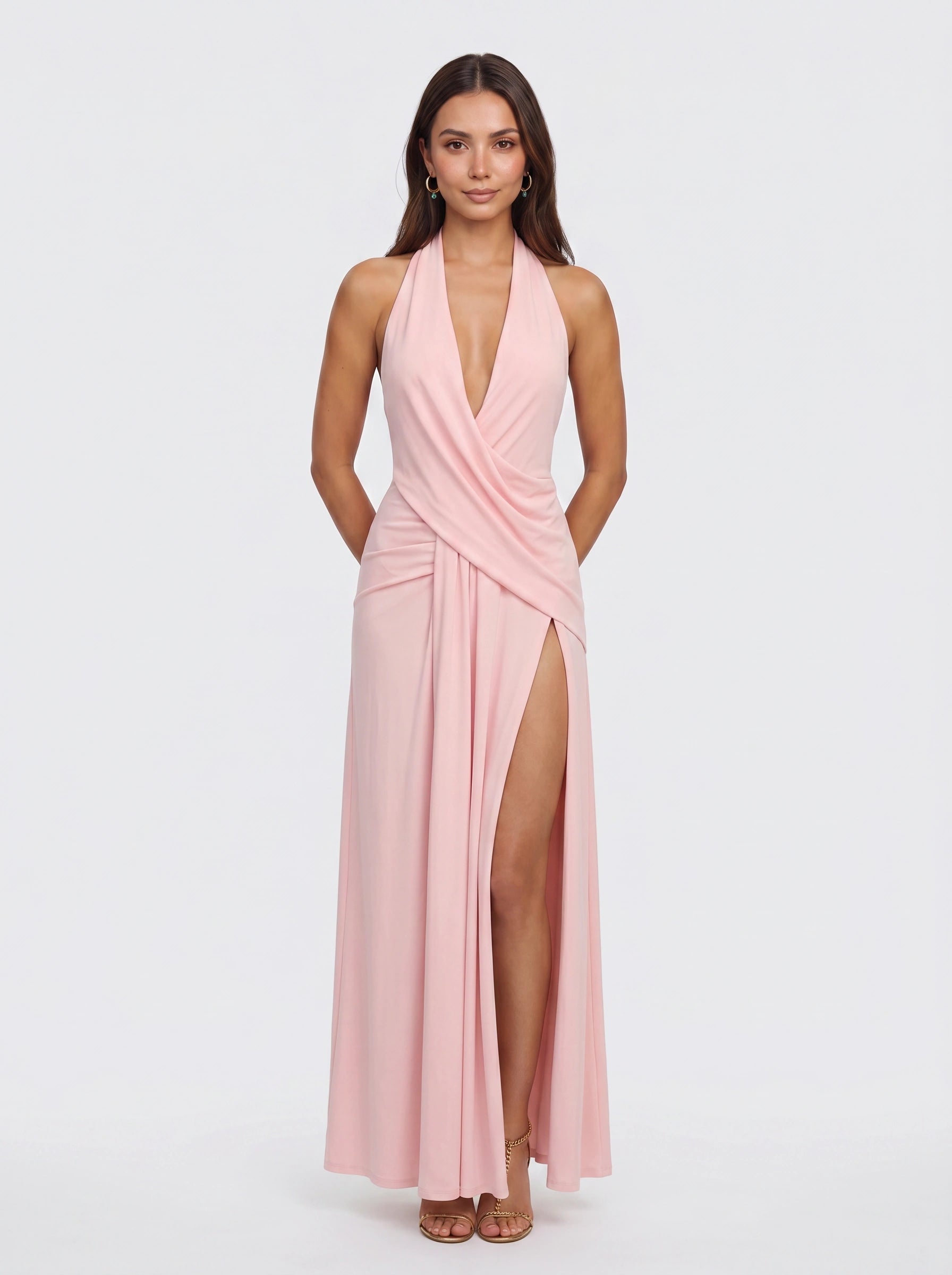 Venara Halter Wrap Maxi Dress – Women Formal Wedding Guest Cocktail Evening Plunge Neck Thigh Slit Maxi Dress