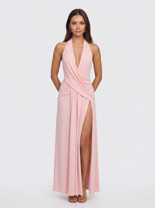 Venara Halter Wrap Maxi Dress – Women Formal Wedding Guest Cocktail Evening Plunge Neck Thigh Slit Maxi Dress