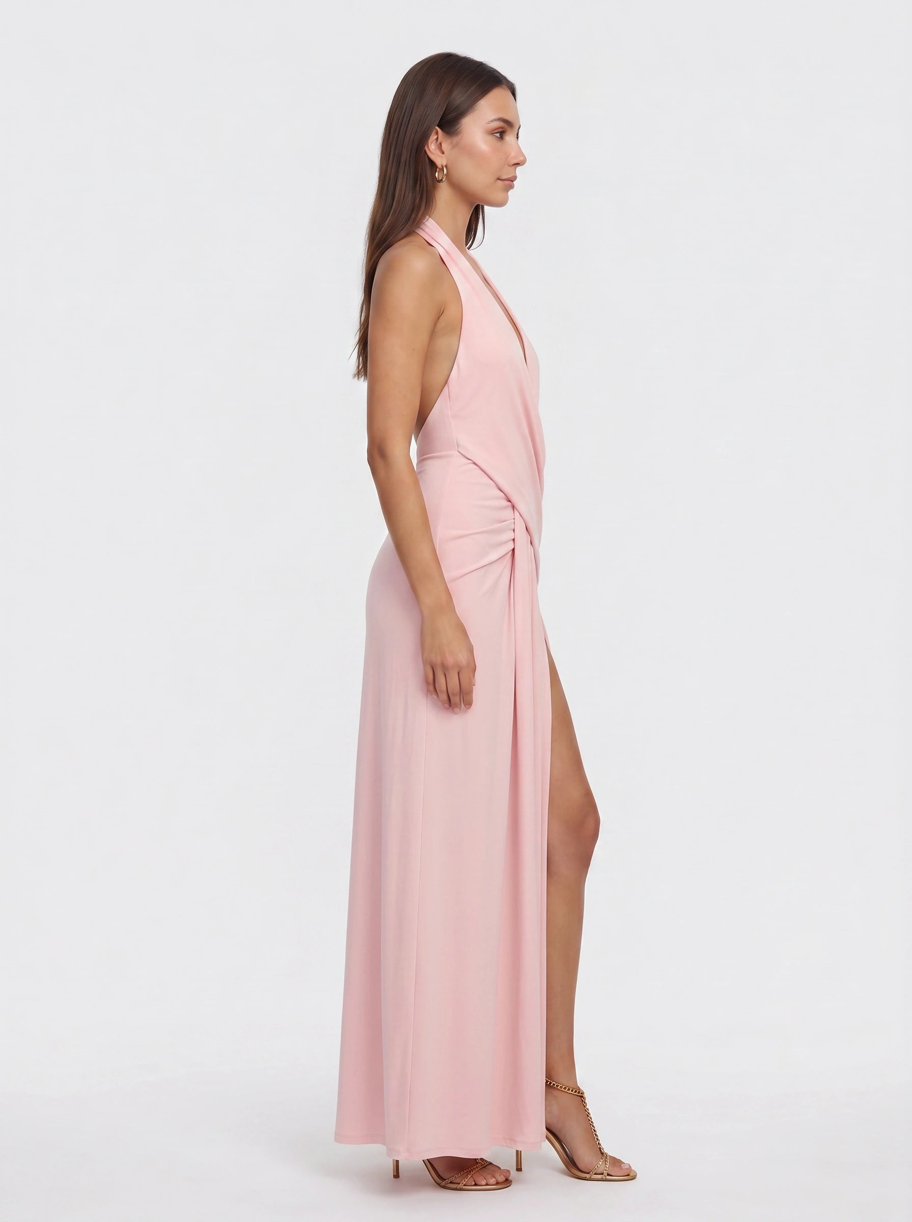 Venara Halter Wrap Maxi Dress – Women Formal Wedding Guest Cocktail Evening Plunge Neck Thigh Slit Maxi Dress