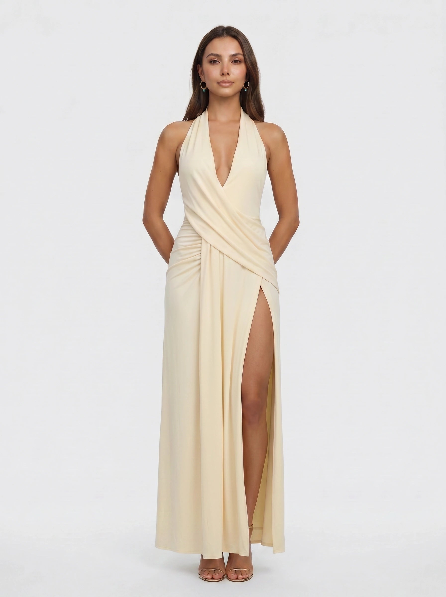 Venara Halter Wrap Maxi Dress – Women Formal Wedding Guest Cocktail Evening Plunge Neck Thigh Slit Maxi Dress