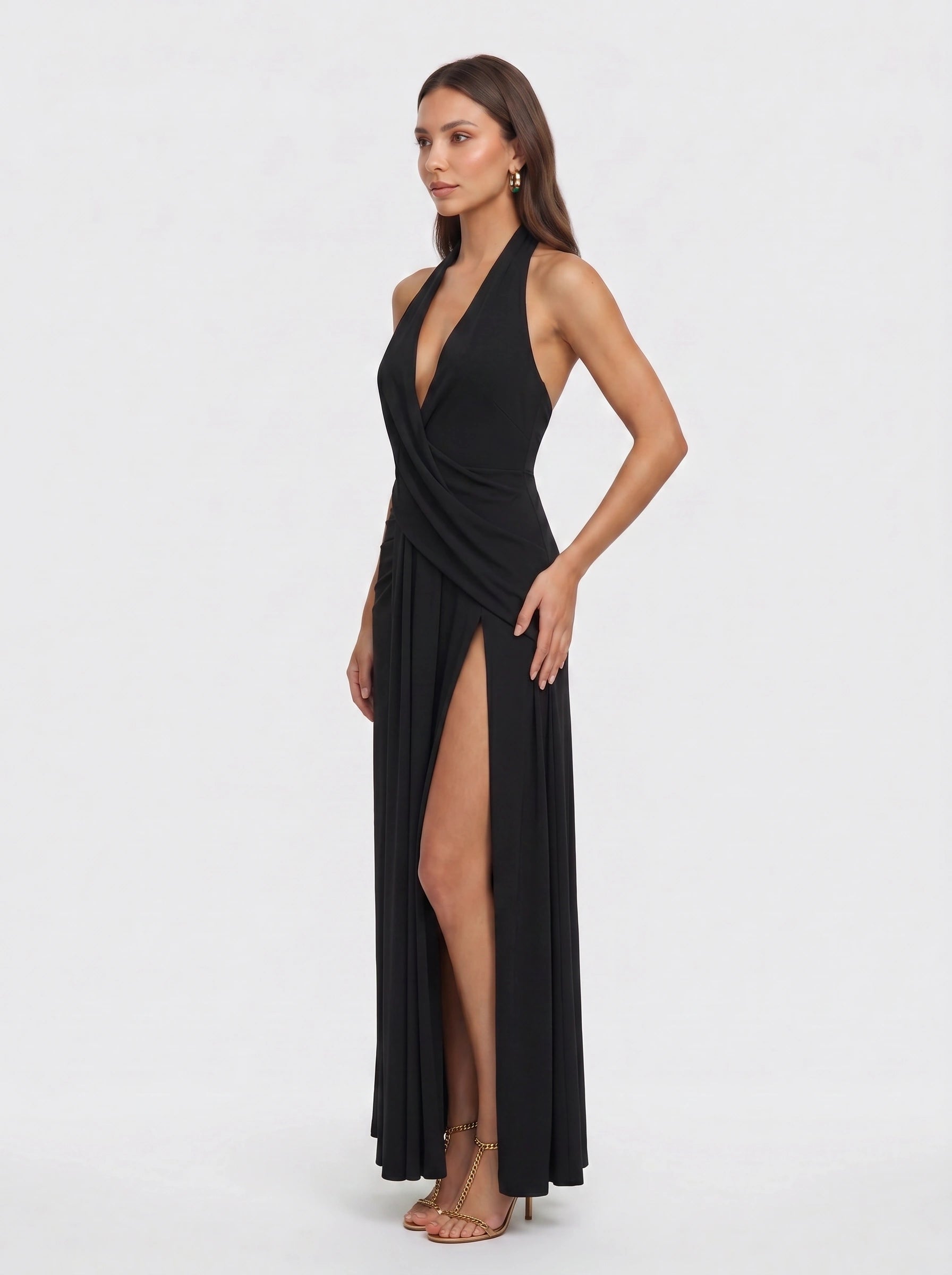 Venara Halter Wrap Maxi Dress – Women Formal Wedding Guest Cocktail Evening Plunge Neck Thigh Slit Maxi Dress
