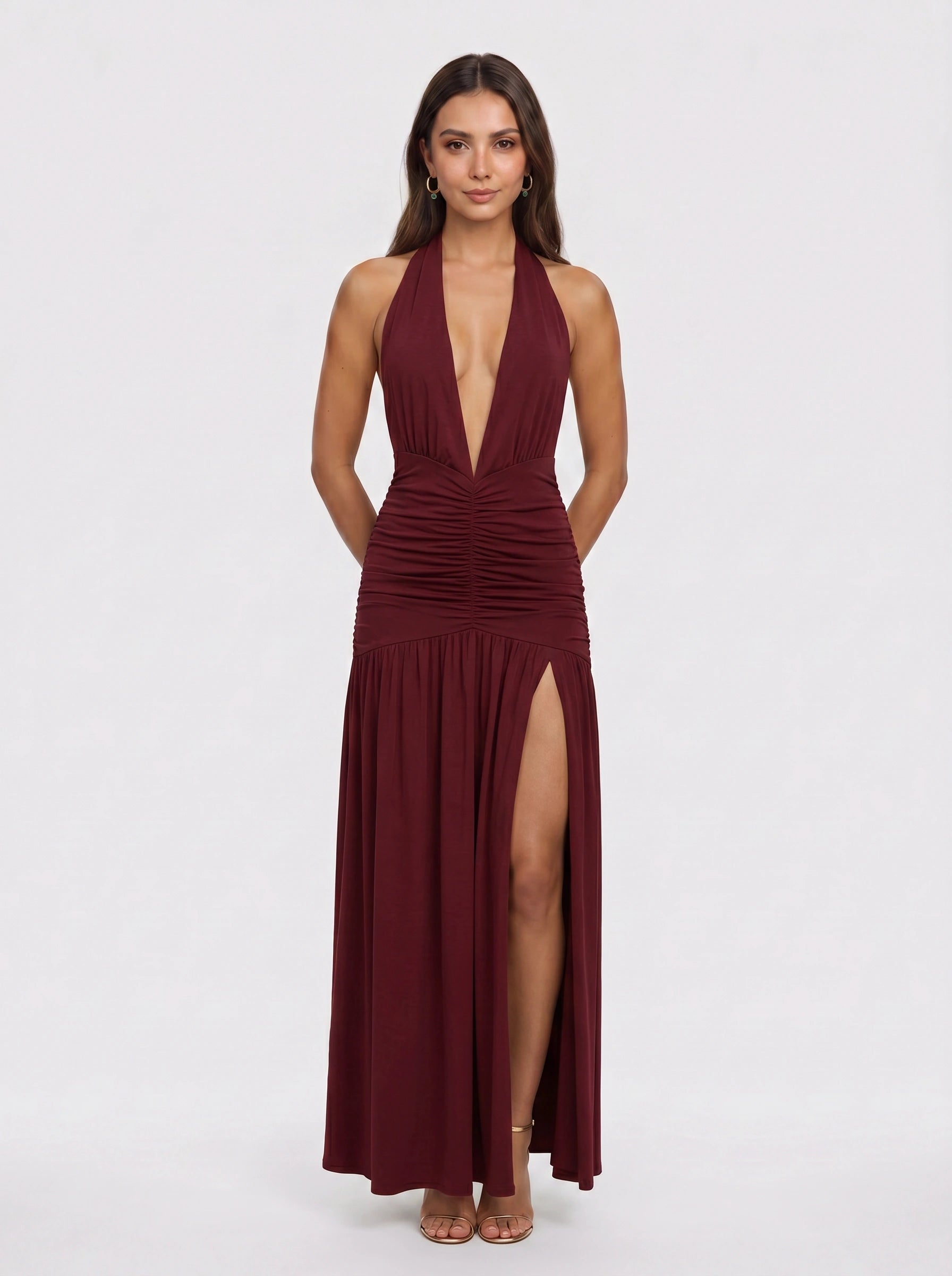Granaze Halter Neck Ruched Maxi Dress – Plunge Neck Women Evening Wedding Guest Formal Bodycon Maxi Dress